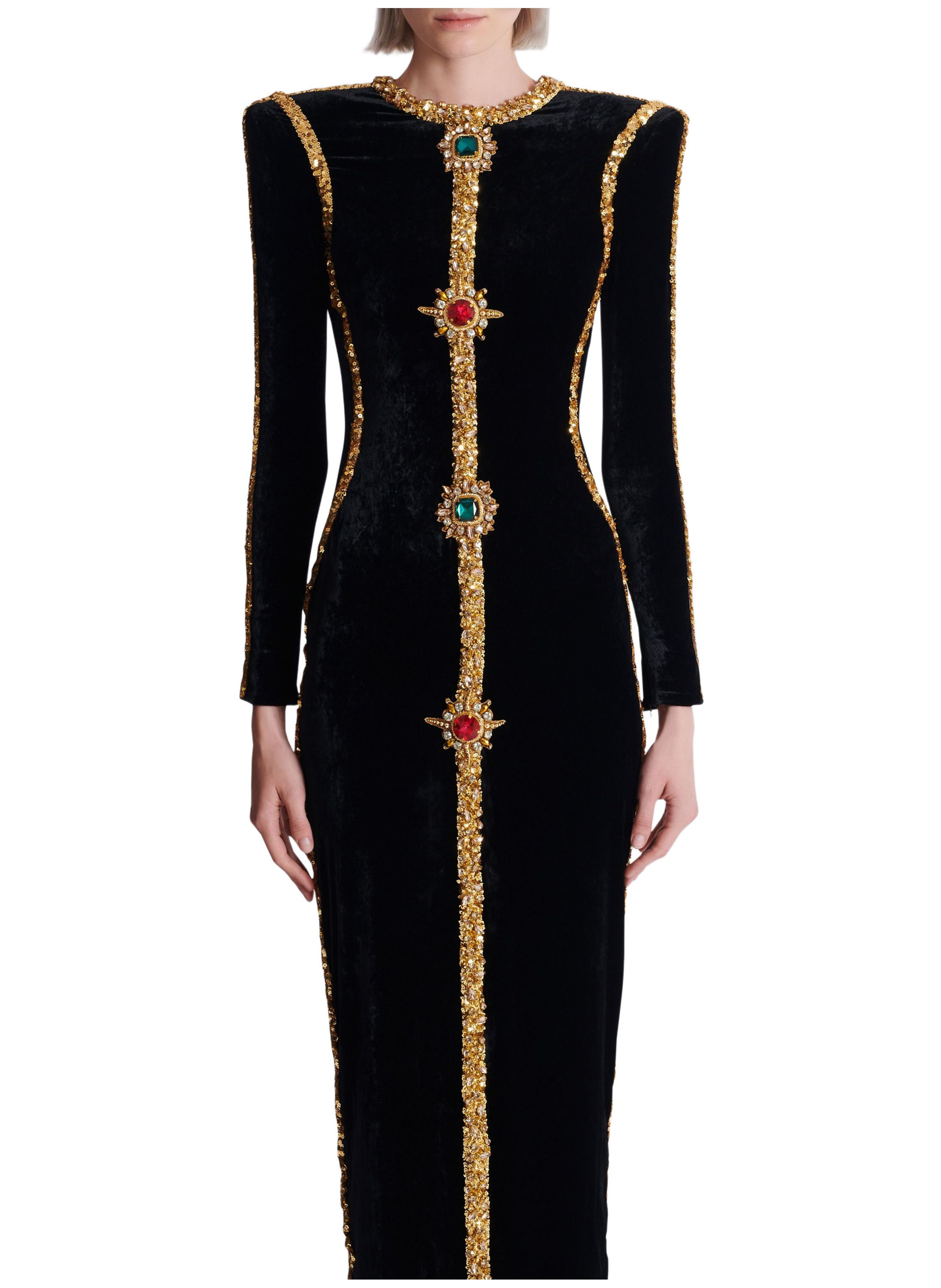 Robe longue en velours avec broderies BALMAIN Noir