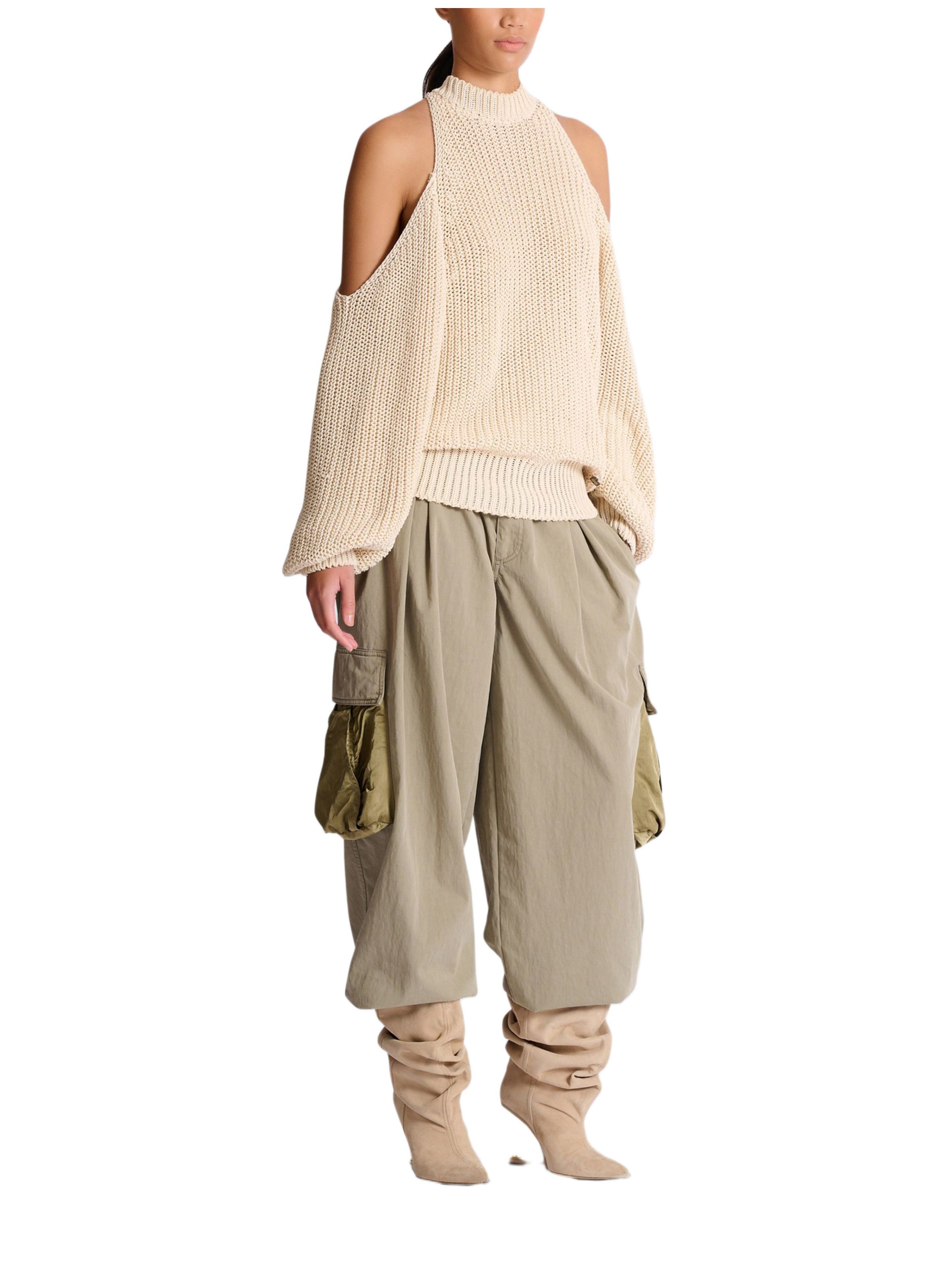 Pull à épaules dénudées en maille de coton BALMAIN Beige