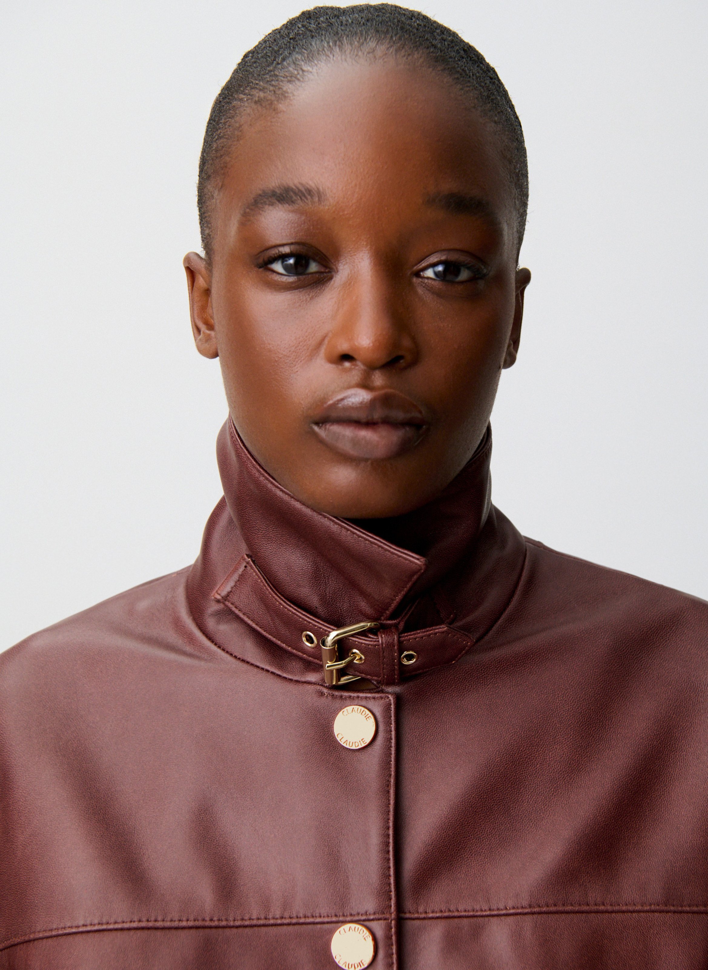 Blouson en cuir col classique CLAUDIE PIERLOT Marron