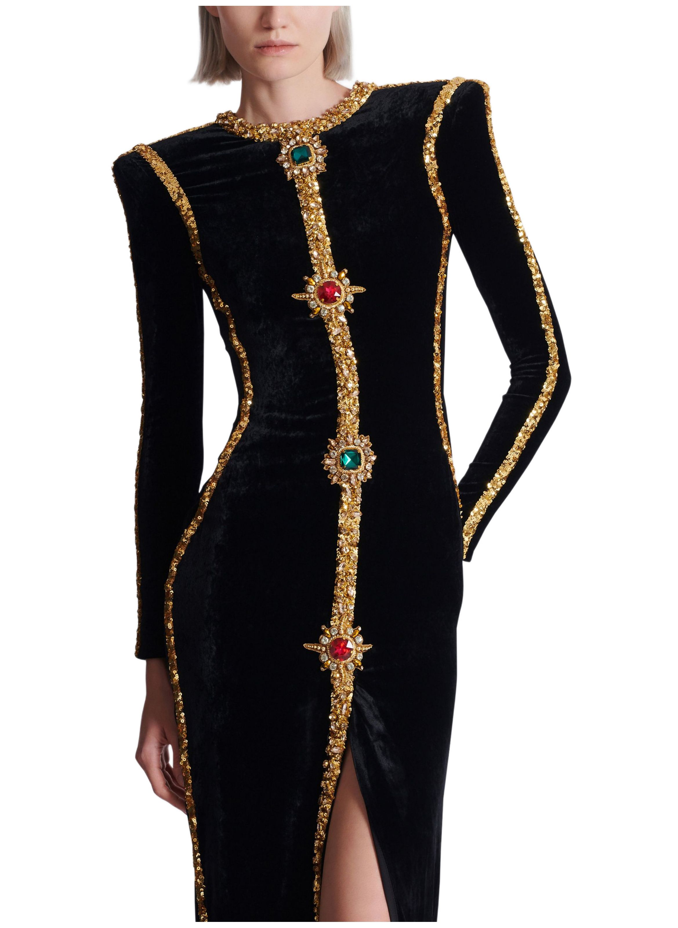 Robe longue en velours avec broderies BALMAIN Noir