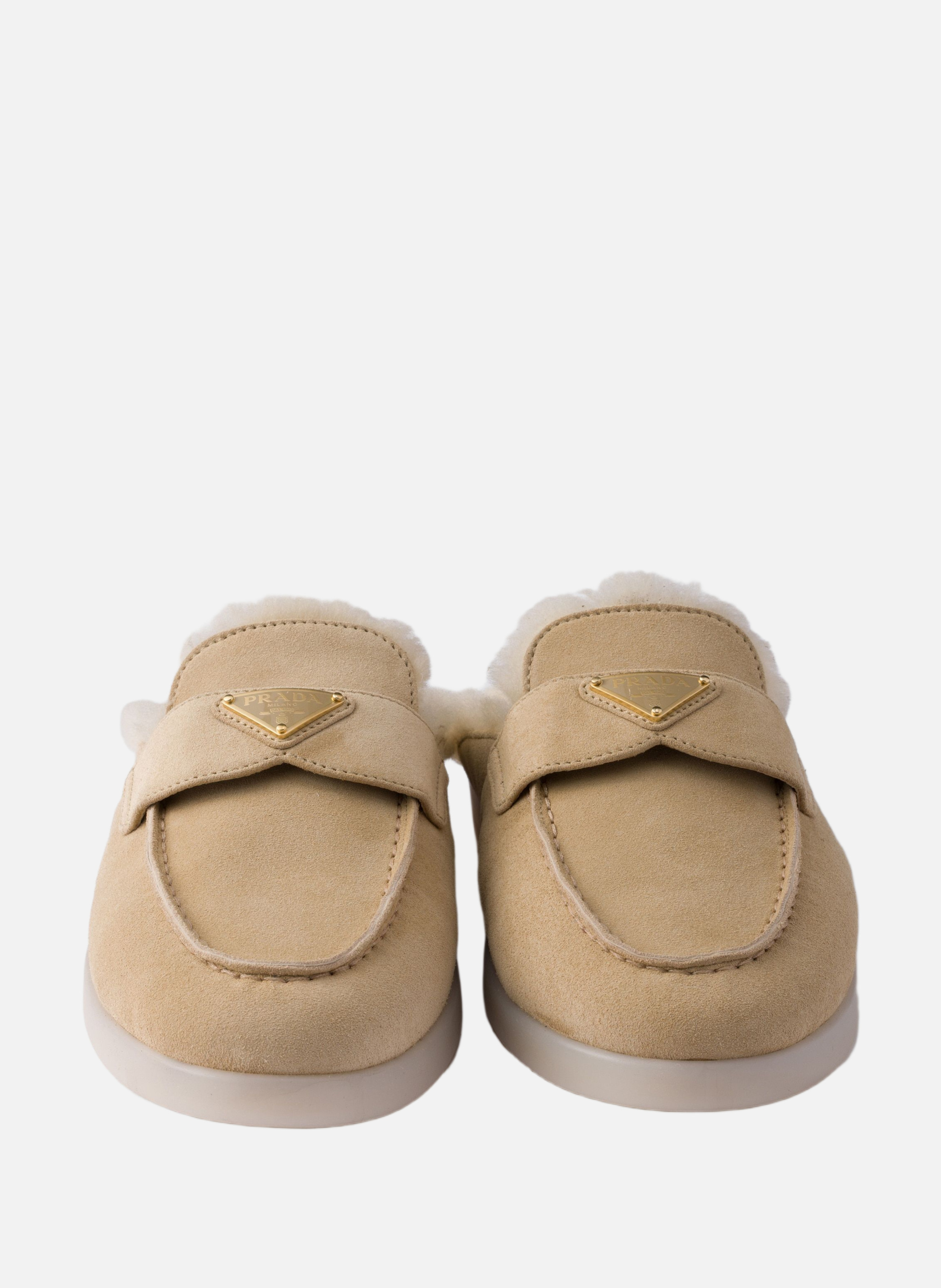 Mules en veau velours et shearling PRADA Beige
