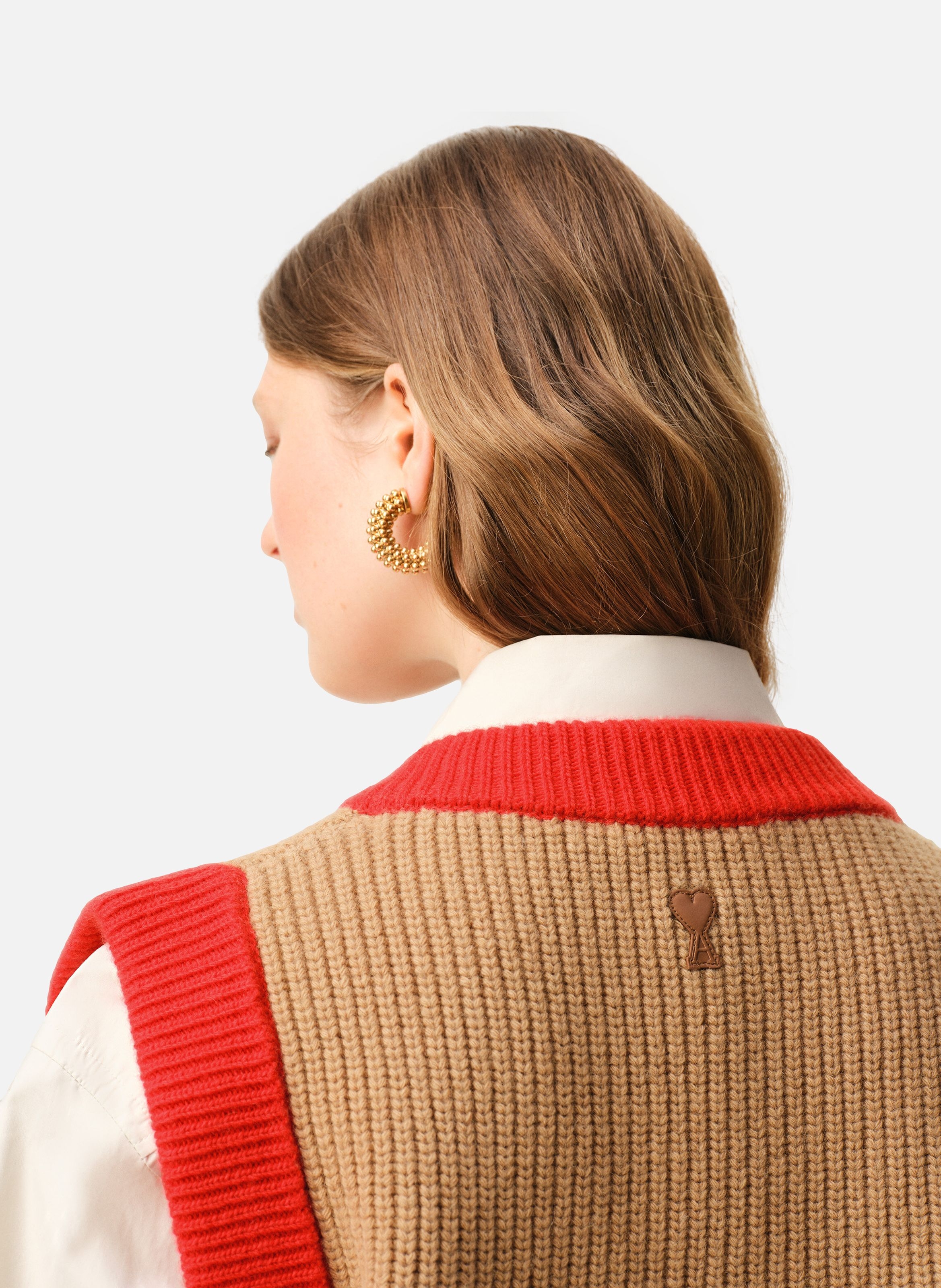 Pull col v sans manches en laine unisexe AMI PARIS Marron