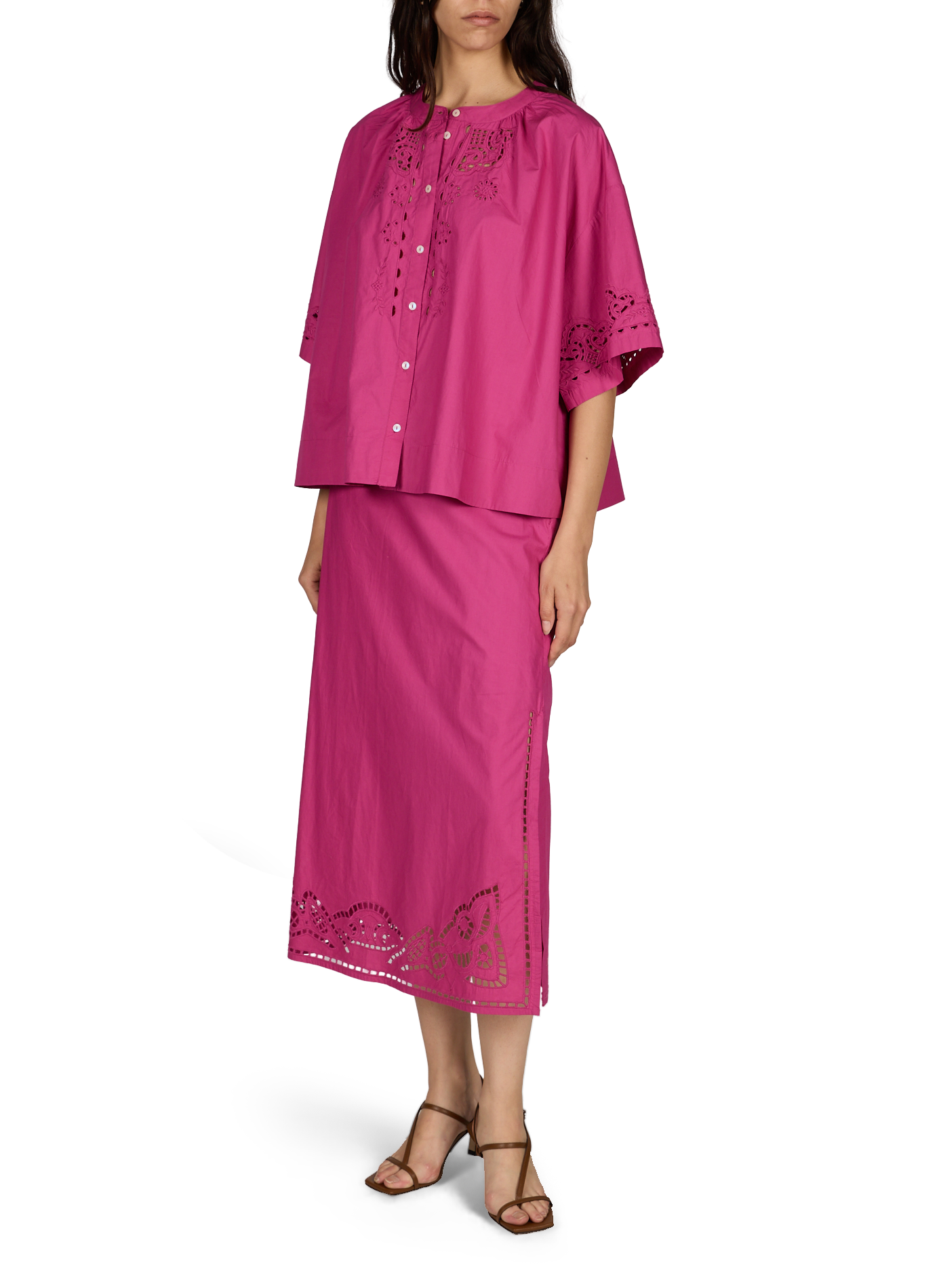 Jupe midi  Amarante brodée en popeline de coton LOUISE MISHA Rose