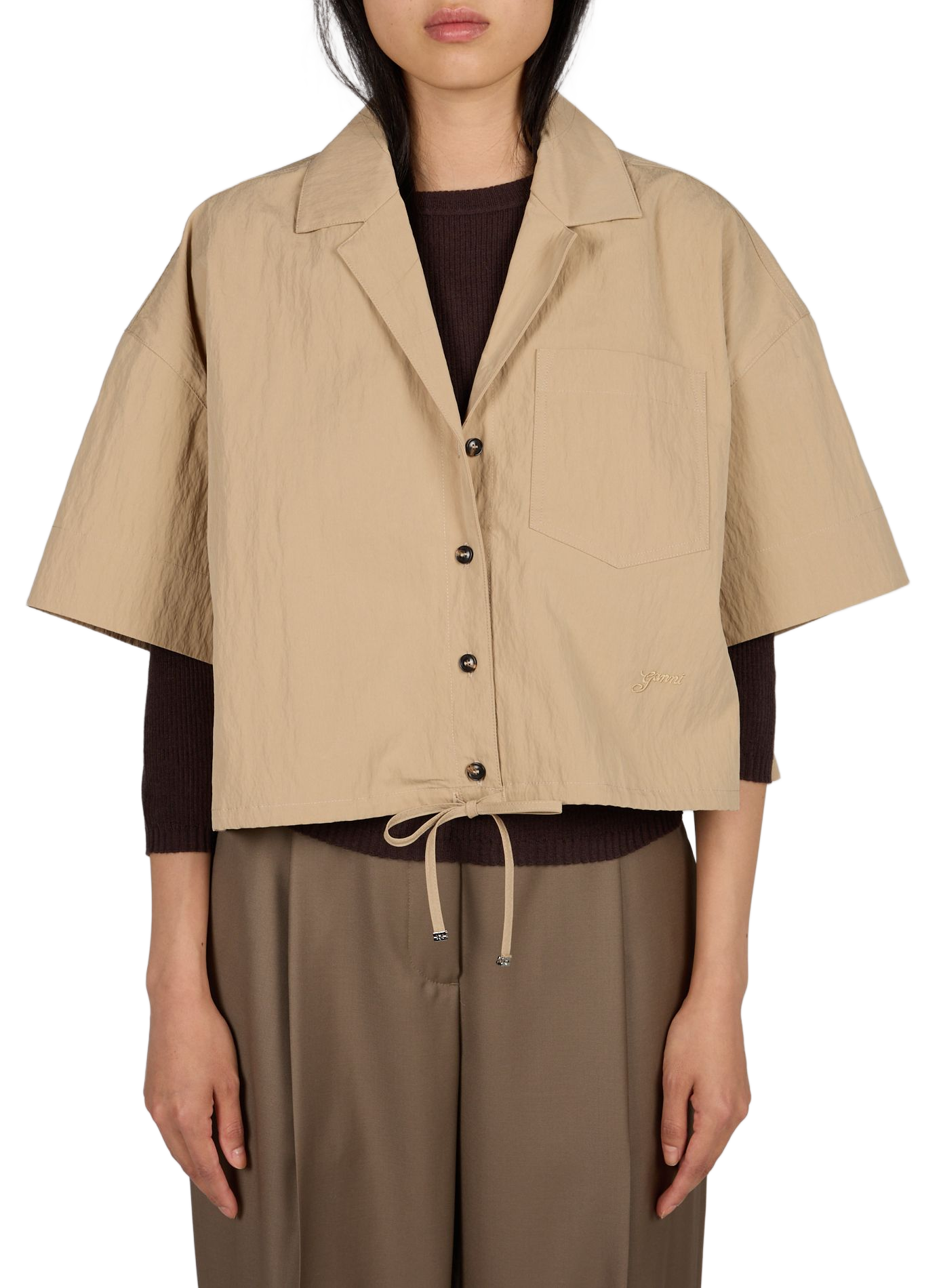 Short-sleeved shirt in blended cotton GANNI Beige