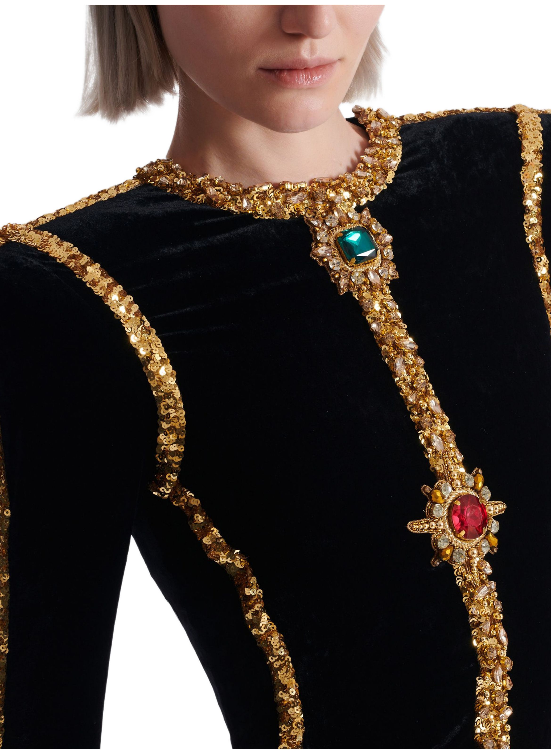 Robe longue en velours avec broderies BALMAIN Noir