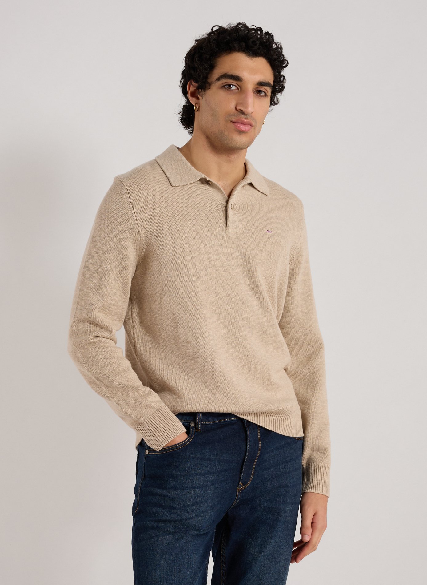 EDEN PARK Pull col polo en laine et coton Beige
