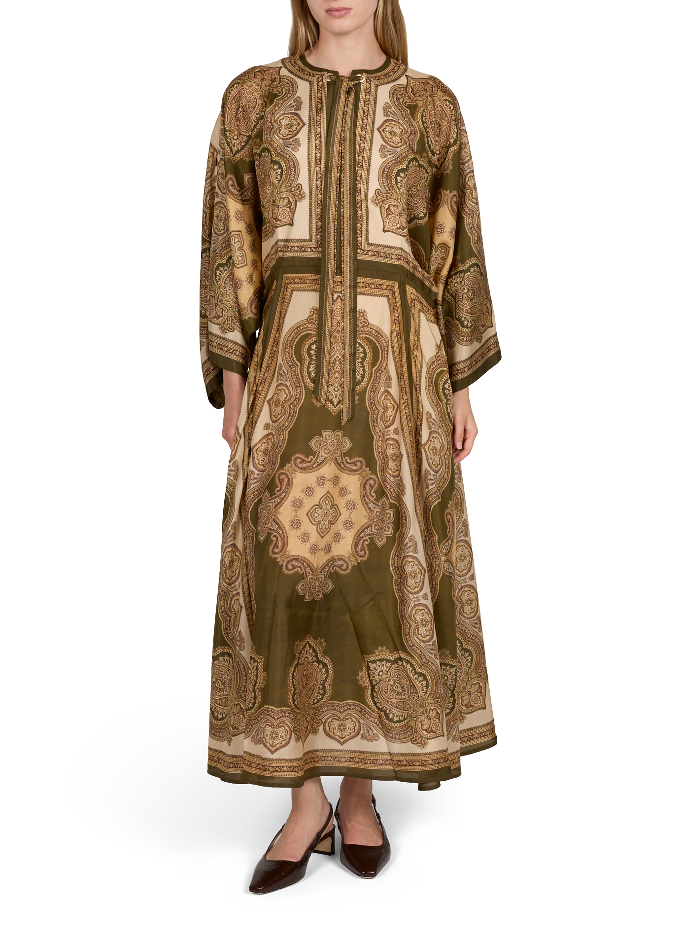 Langes, weit geschnittenes Maxikleid mit Kaschmir-Print aus Seide ZIMMERMANN Khaki