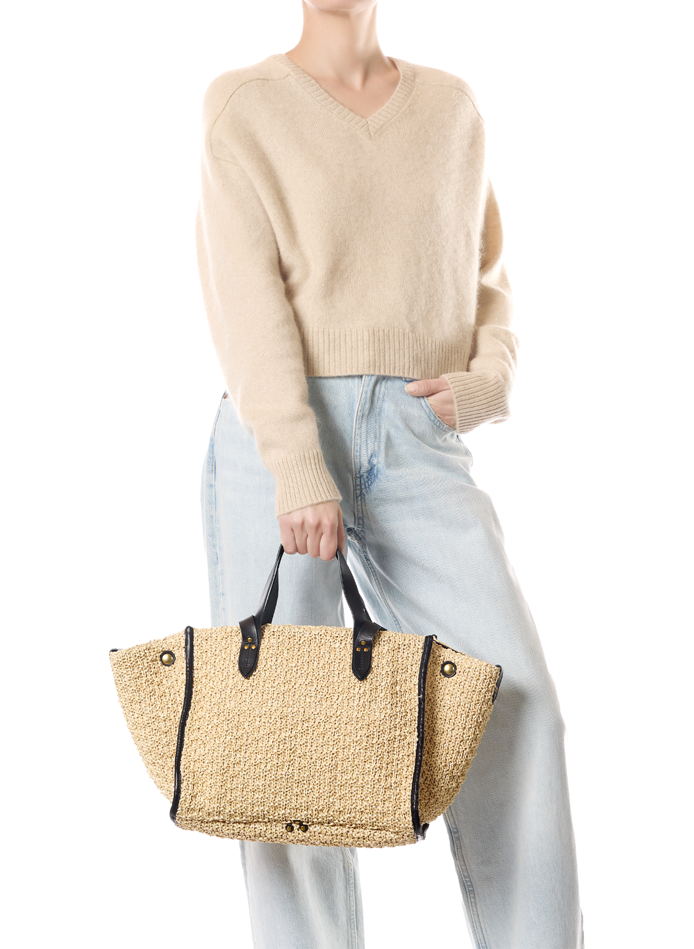 Einkaufstasche Leon M aus Raffia und Leder JÉRÔME DREYFUSS Beige