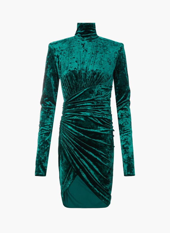 alexandre vauthier green velvet dress Alexandre Vauthier Strapless Crushed Velvet Midi Dress In Green