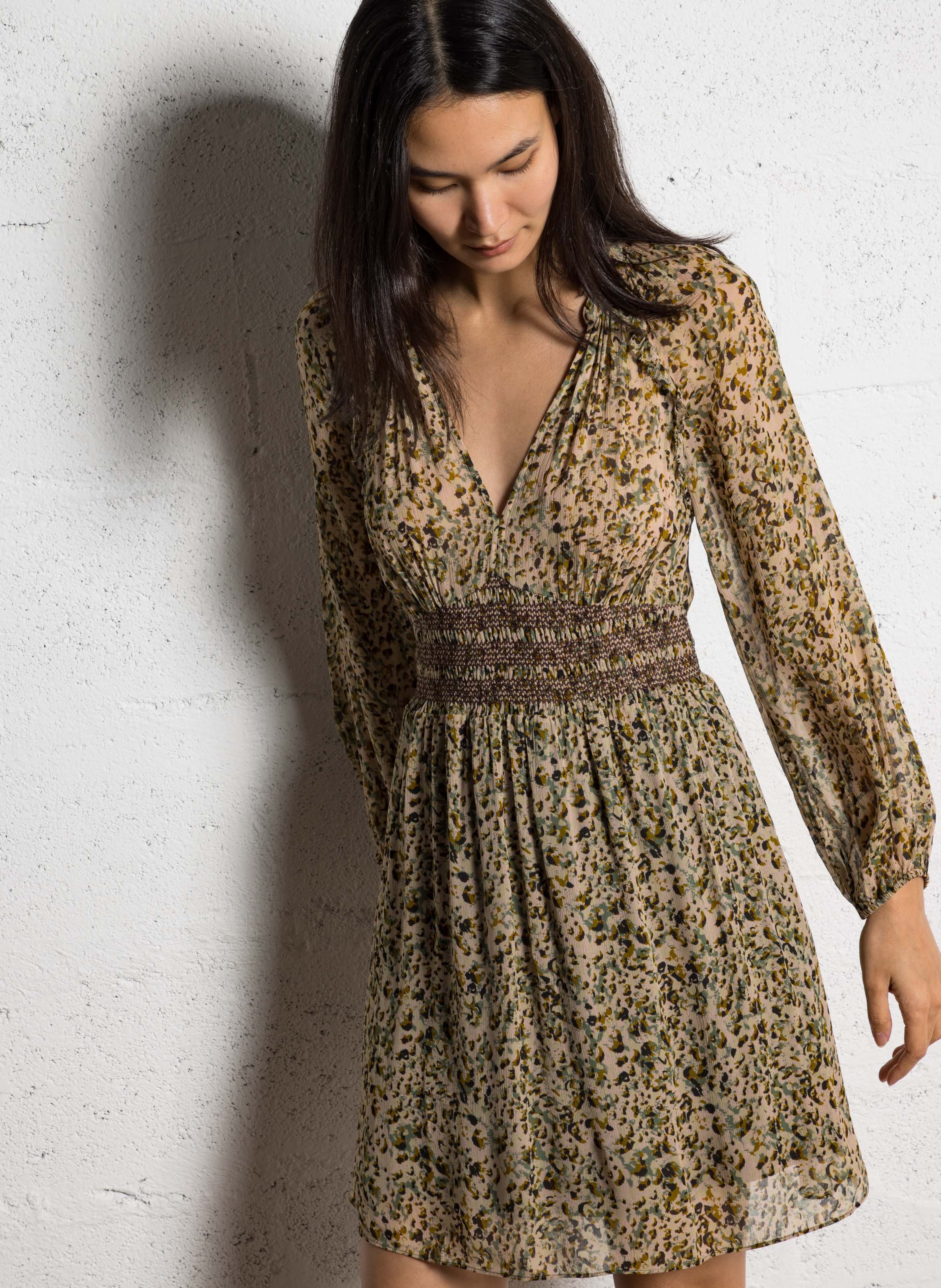 BA&SH Robe courte col v camelia Beige