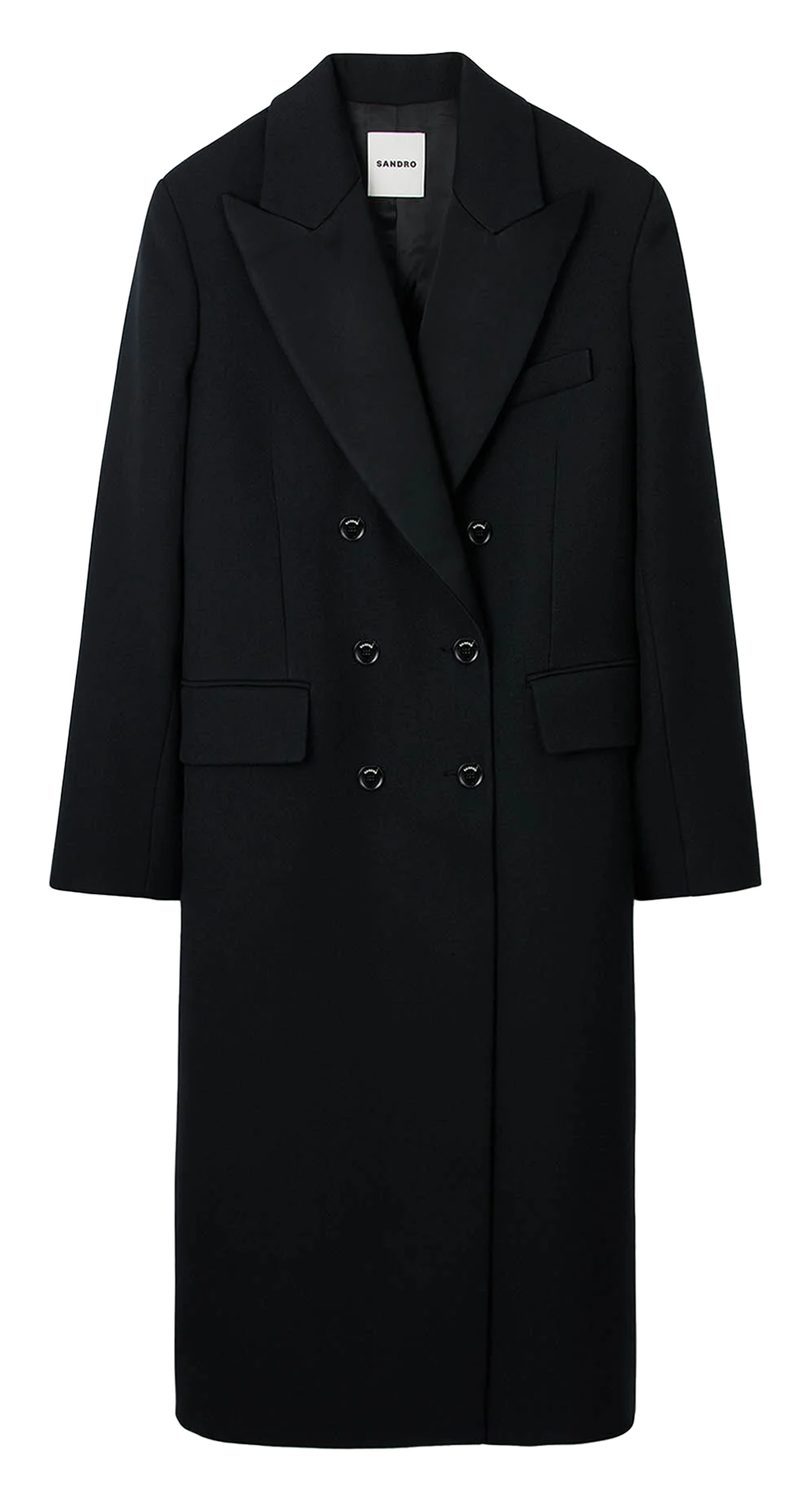 Manteau long droit à revers satiné SANDRO Noir