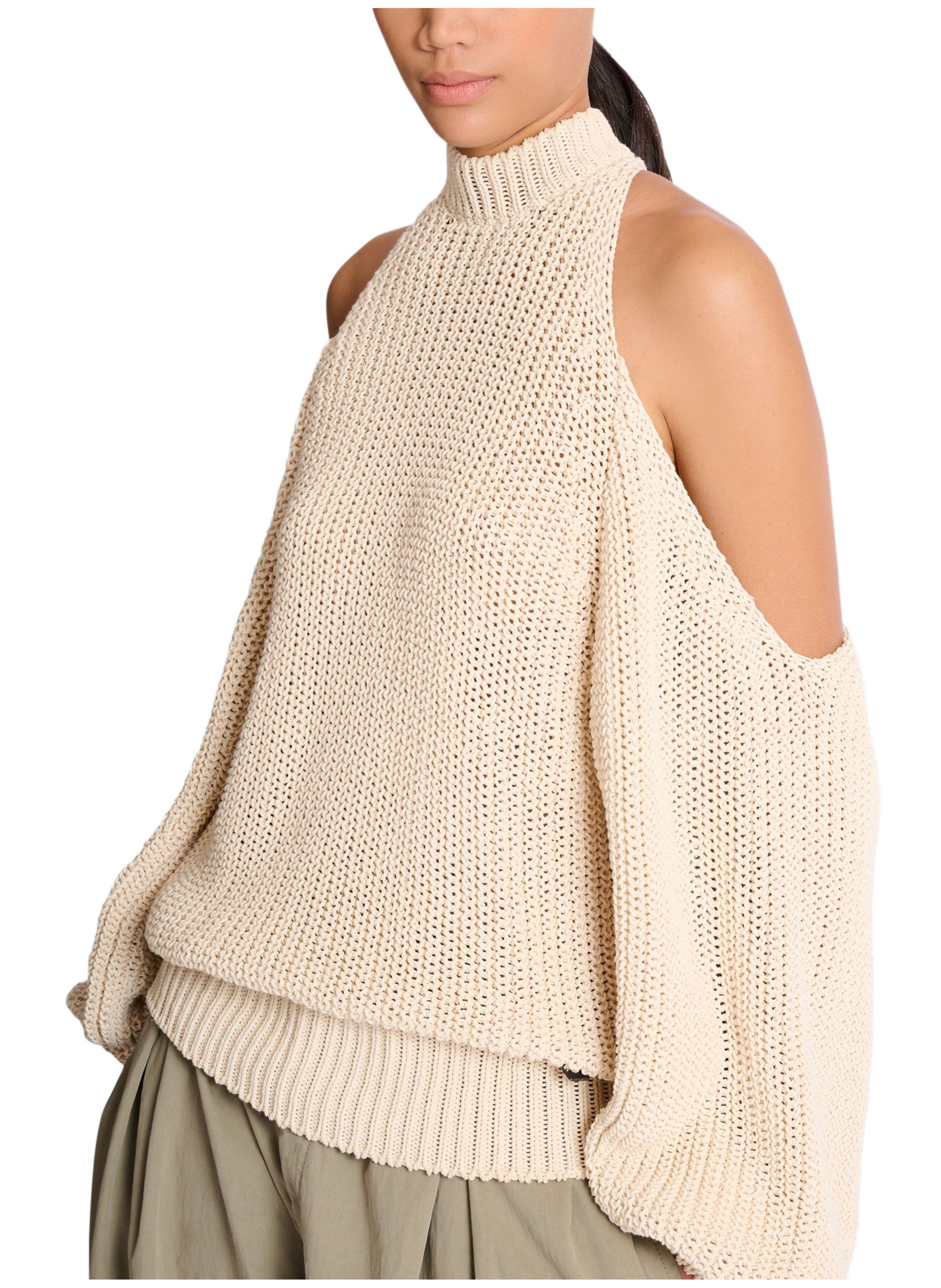 Pull à épaules dénudées en maille de coton BALMAIN Beige