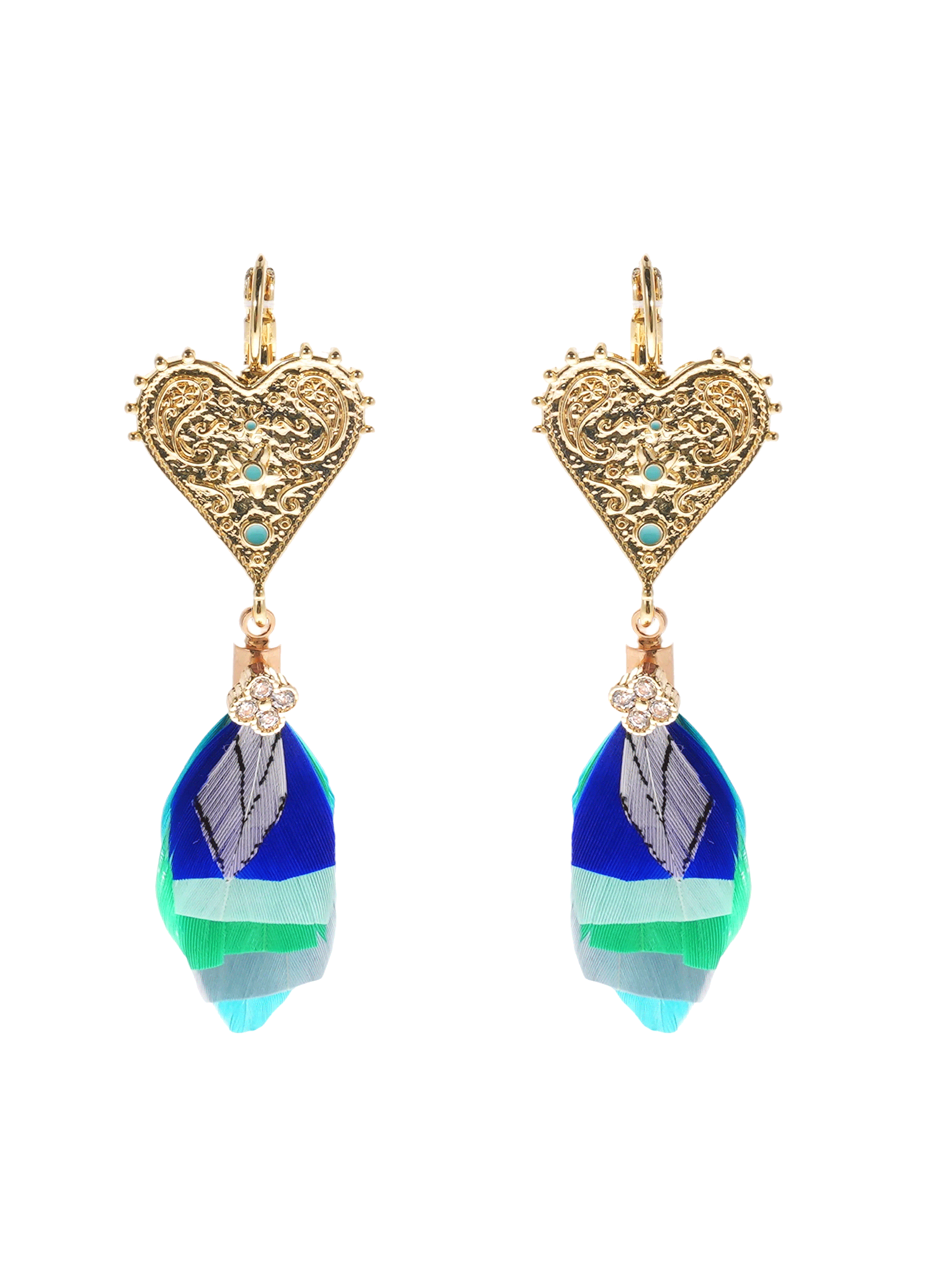 Boucles d'oreilles dormeuses pendantes cœur martelé et plumes pamila HIPANEMA Bleu