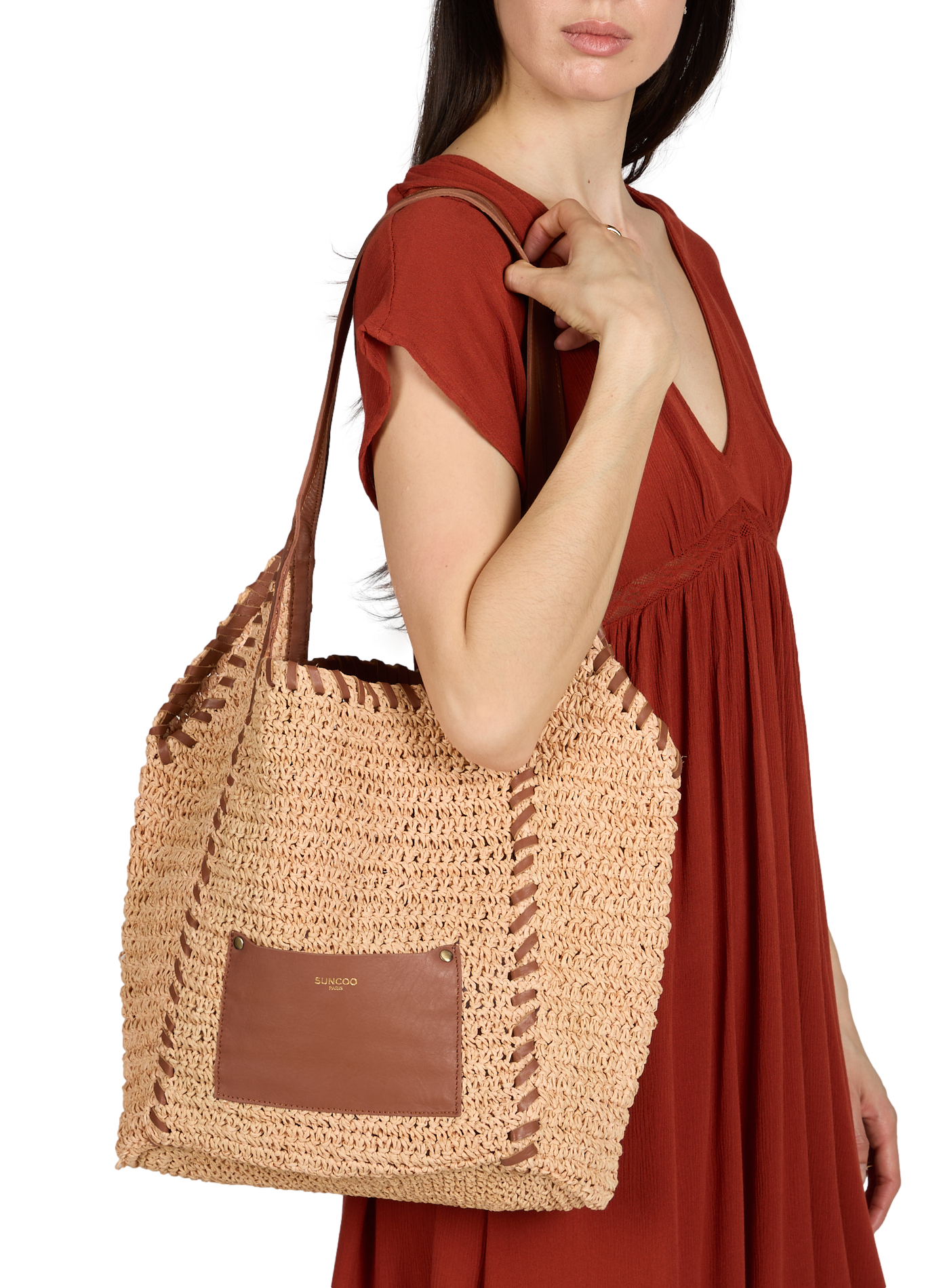 Amesi shoulder bag in raffia and leather SUNCOO Brown