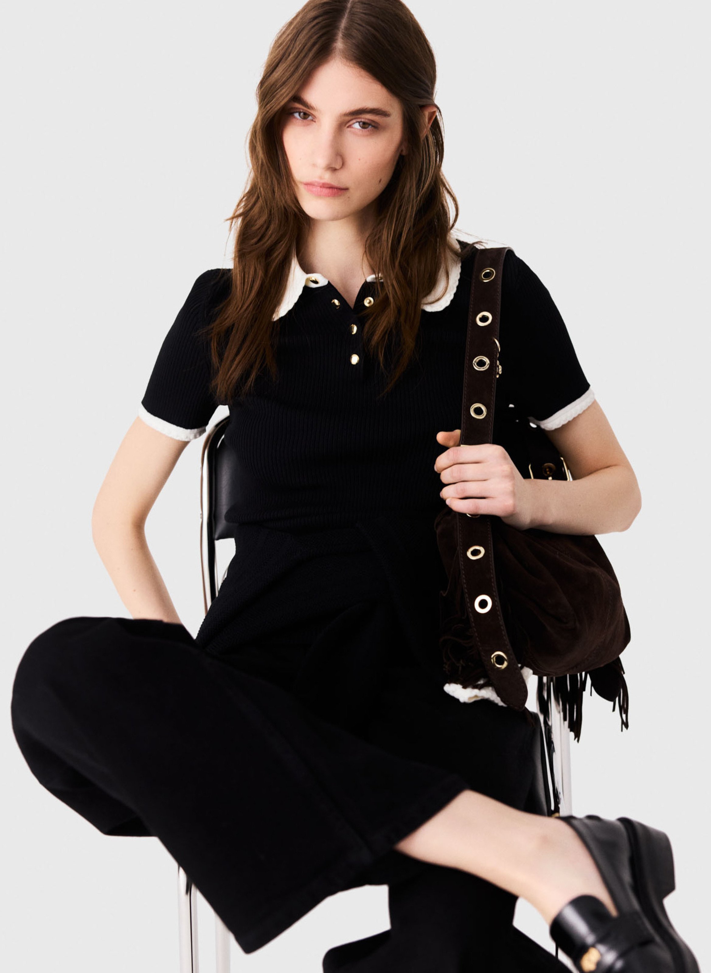 Pull ajusté côtelé effet polo MAJE Noir