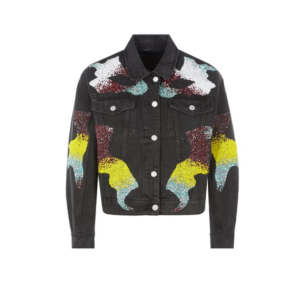 Veste en jean cropped à perles et cristaux