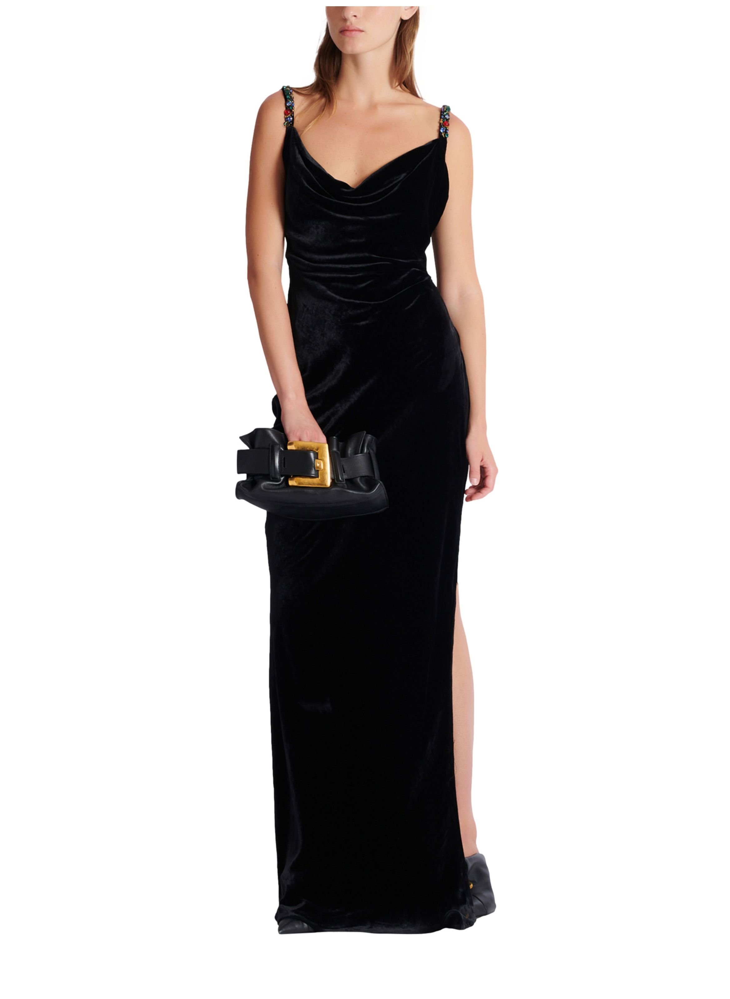 Robe longue à bretelles en velours avec détail bijou BALMAIN Noir
