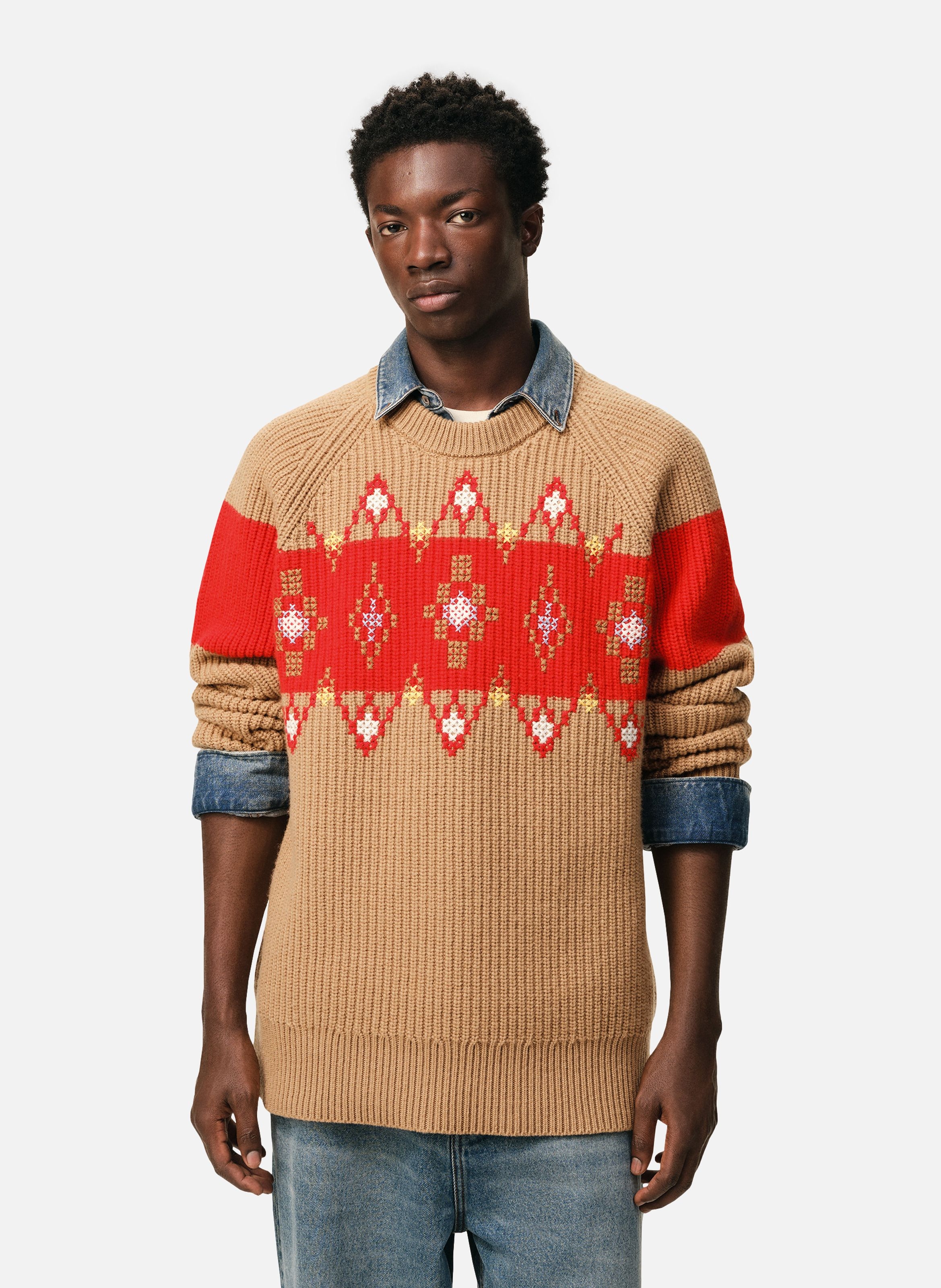 Pull col rond avec motif point de croix en laine unisexe AMI PARIS Marron