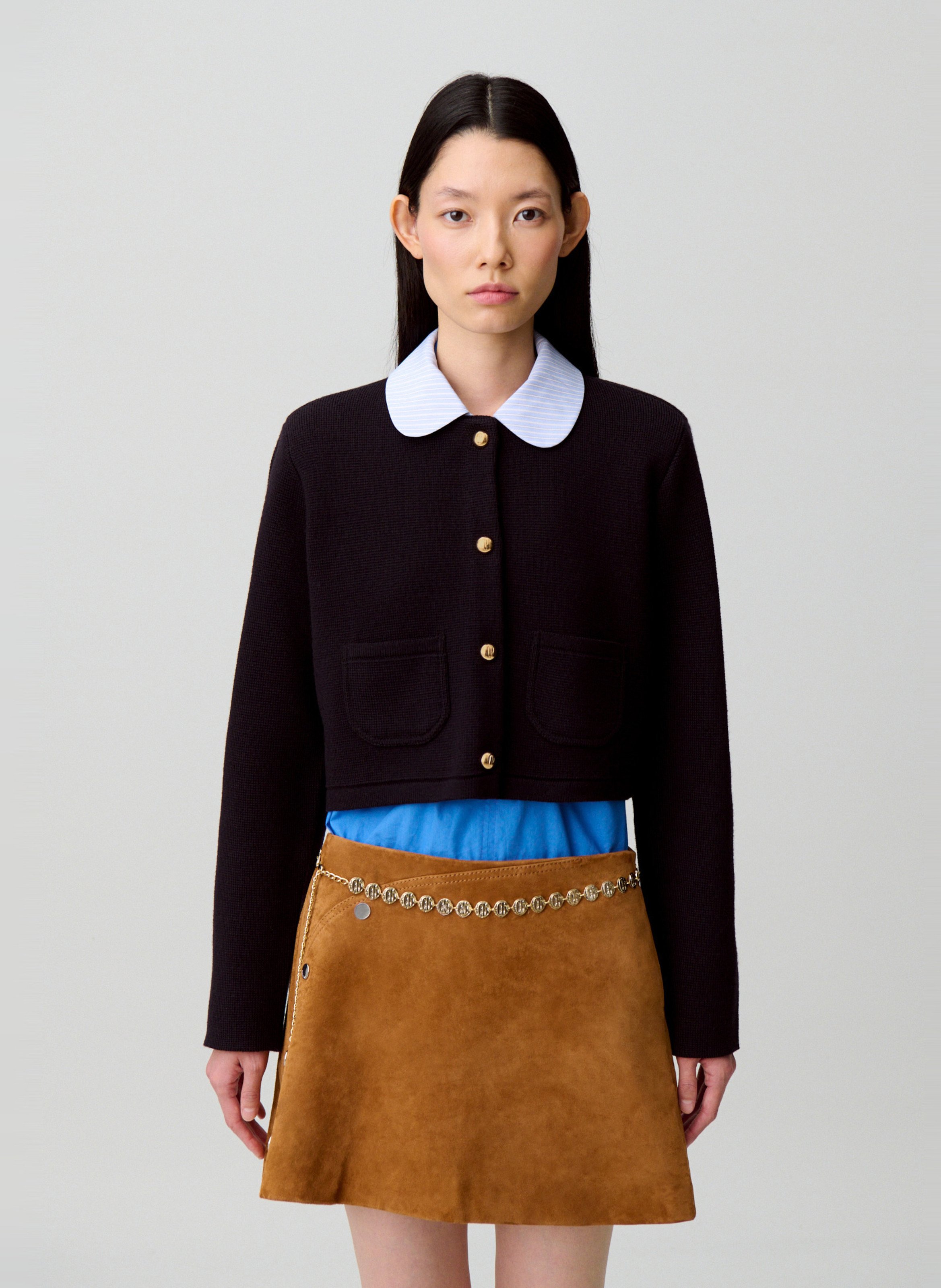 Cardigan court uni à col rayé CLAUDIE PIERLOT Bleu