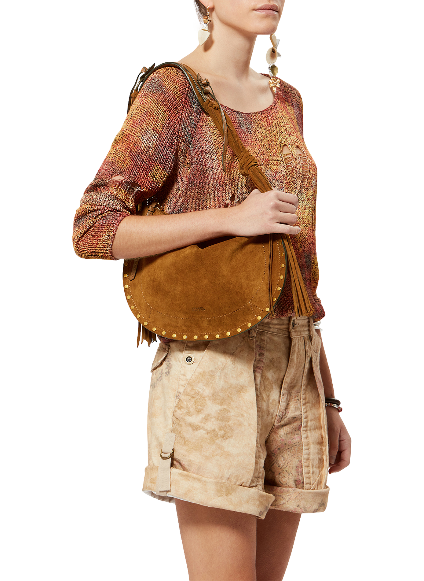 Sac à bandoulière Oskan soft zip en veau velours ISABEL MARANT Marron