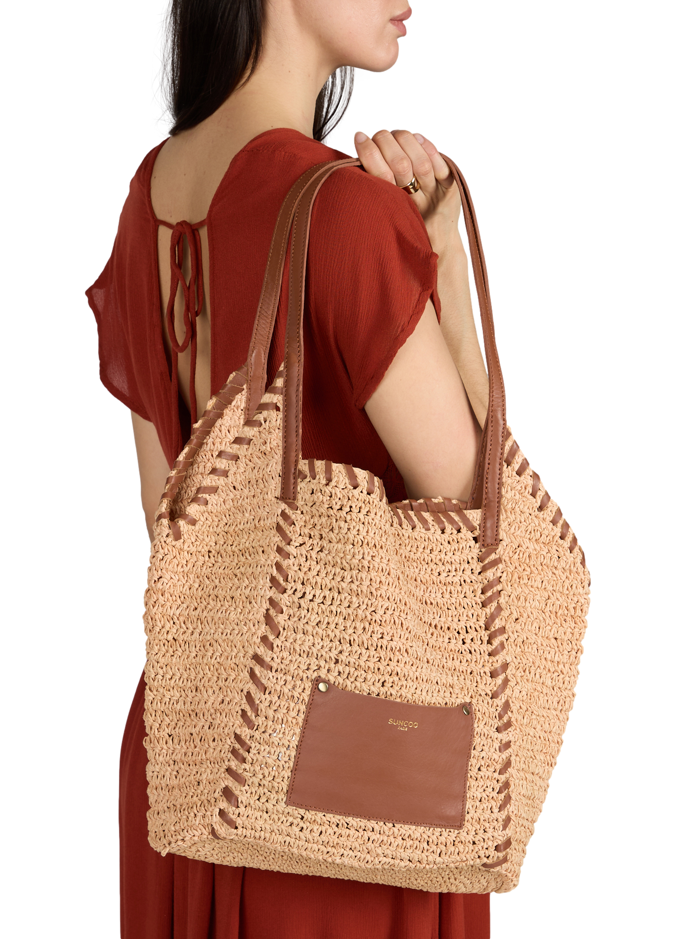 Amesi shoulder bag in raffia and leather SUNCOO Brown