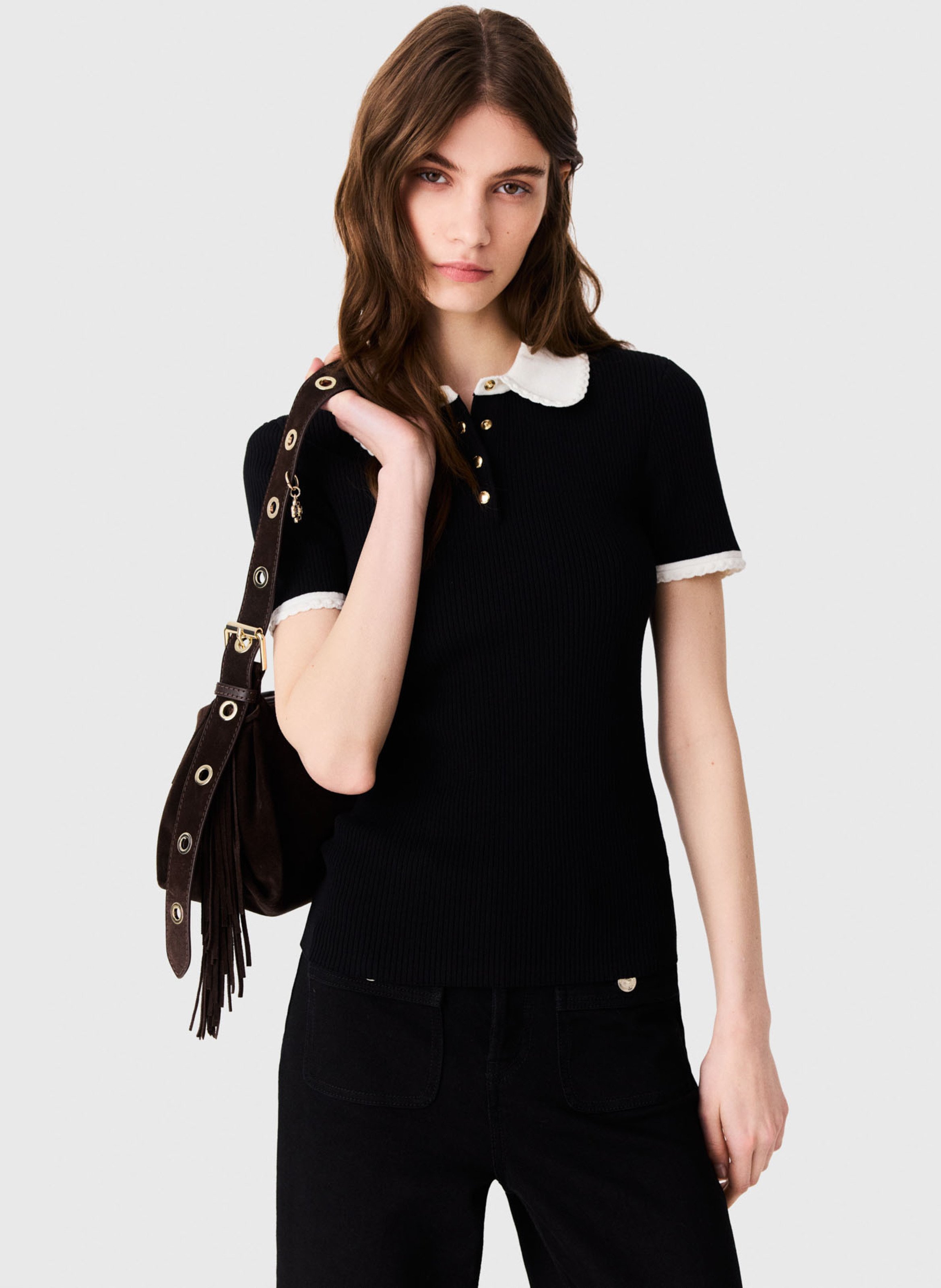Pull ajusté côtelé effet polo MAJE Noir