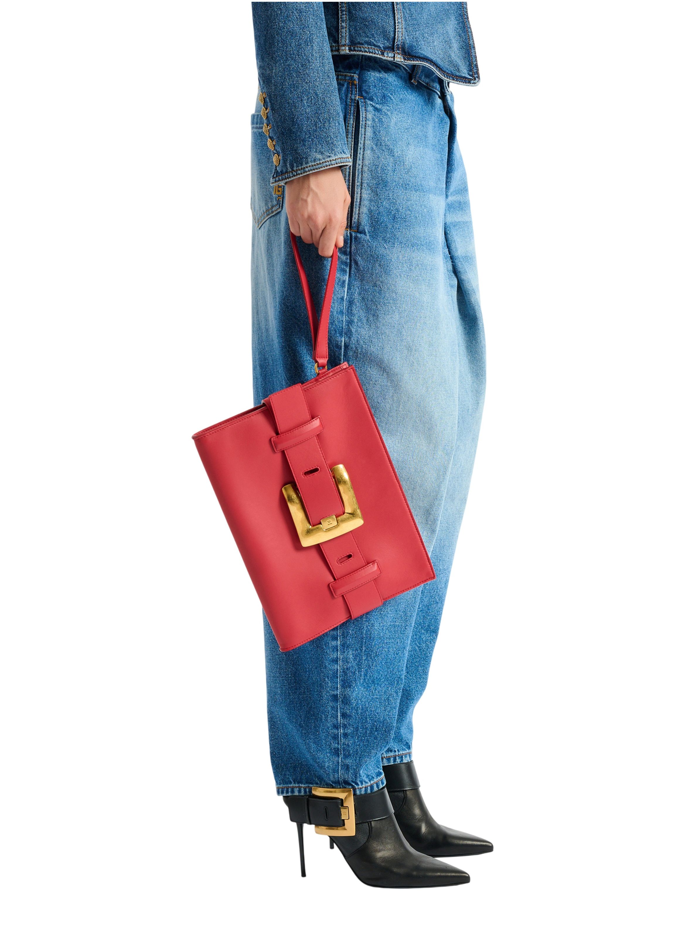 Pochette anthem en cuir lisse BALMAIN Rouge