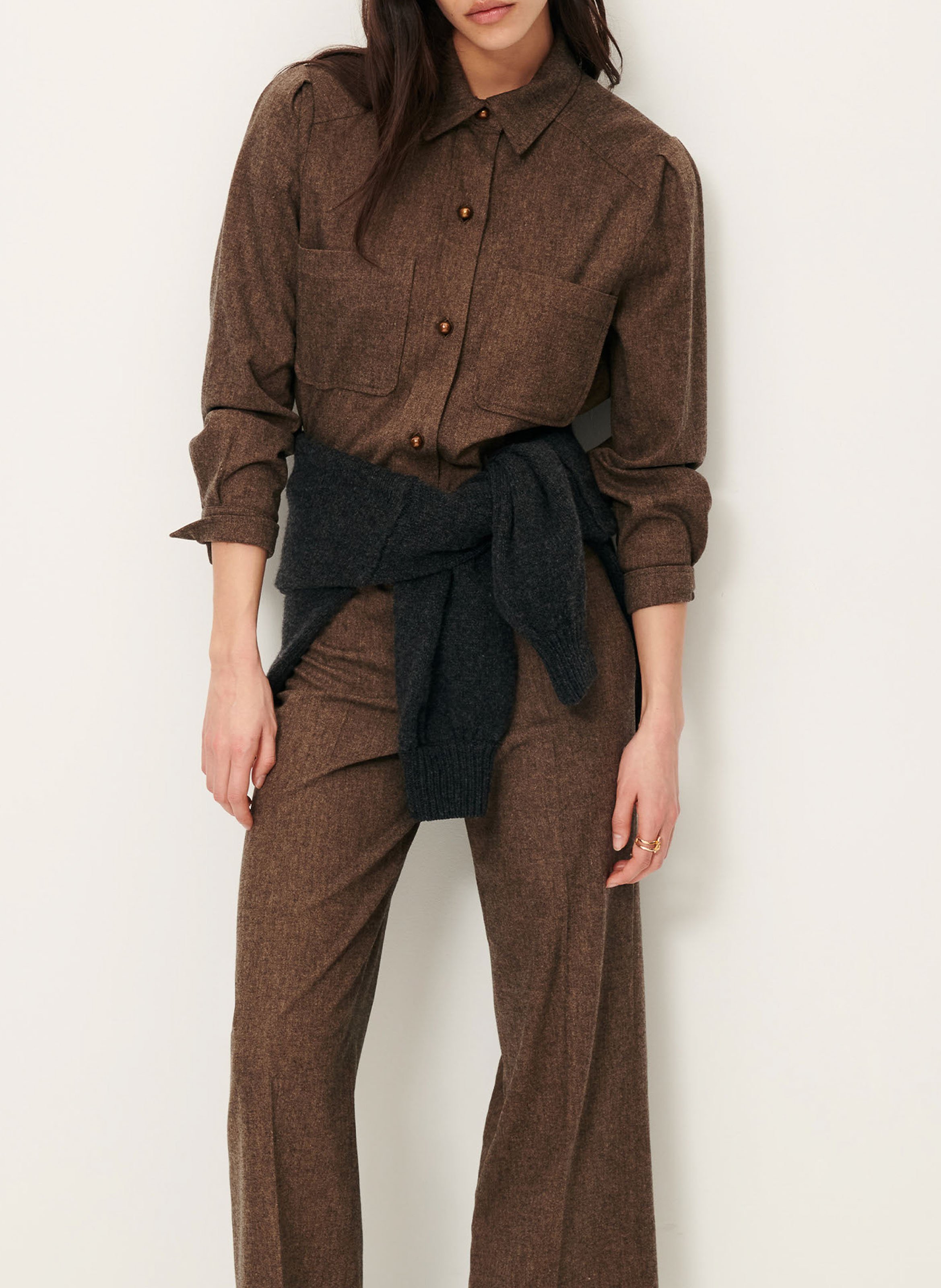 Chemise courte unie à poches plaquées theowool SESSUN Marron