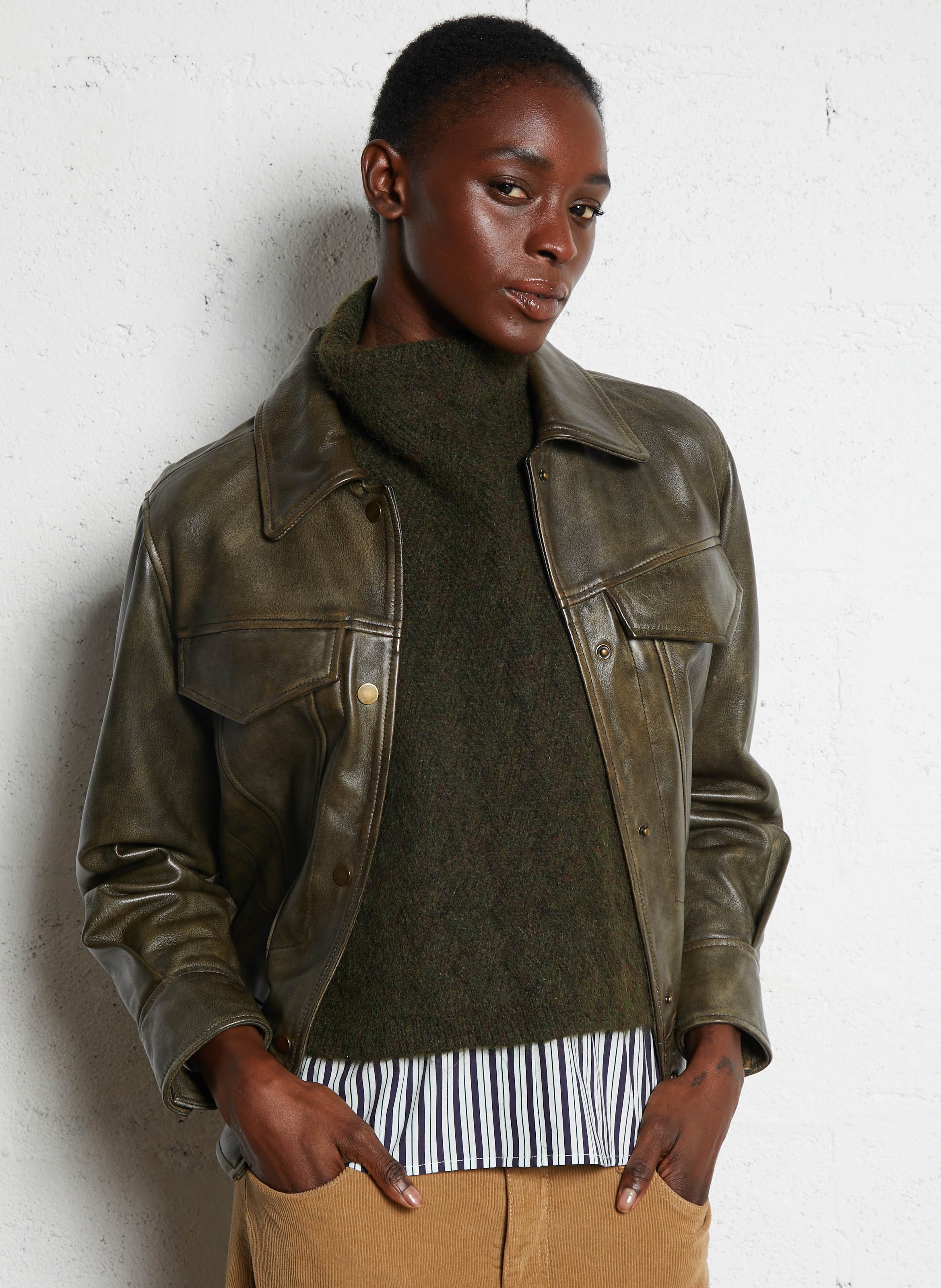 Veste col classique en cuir fierce MAISON 123 Kaki