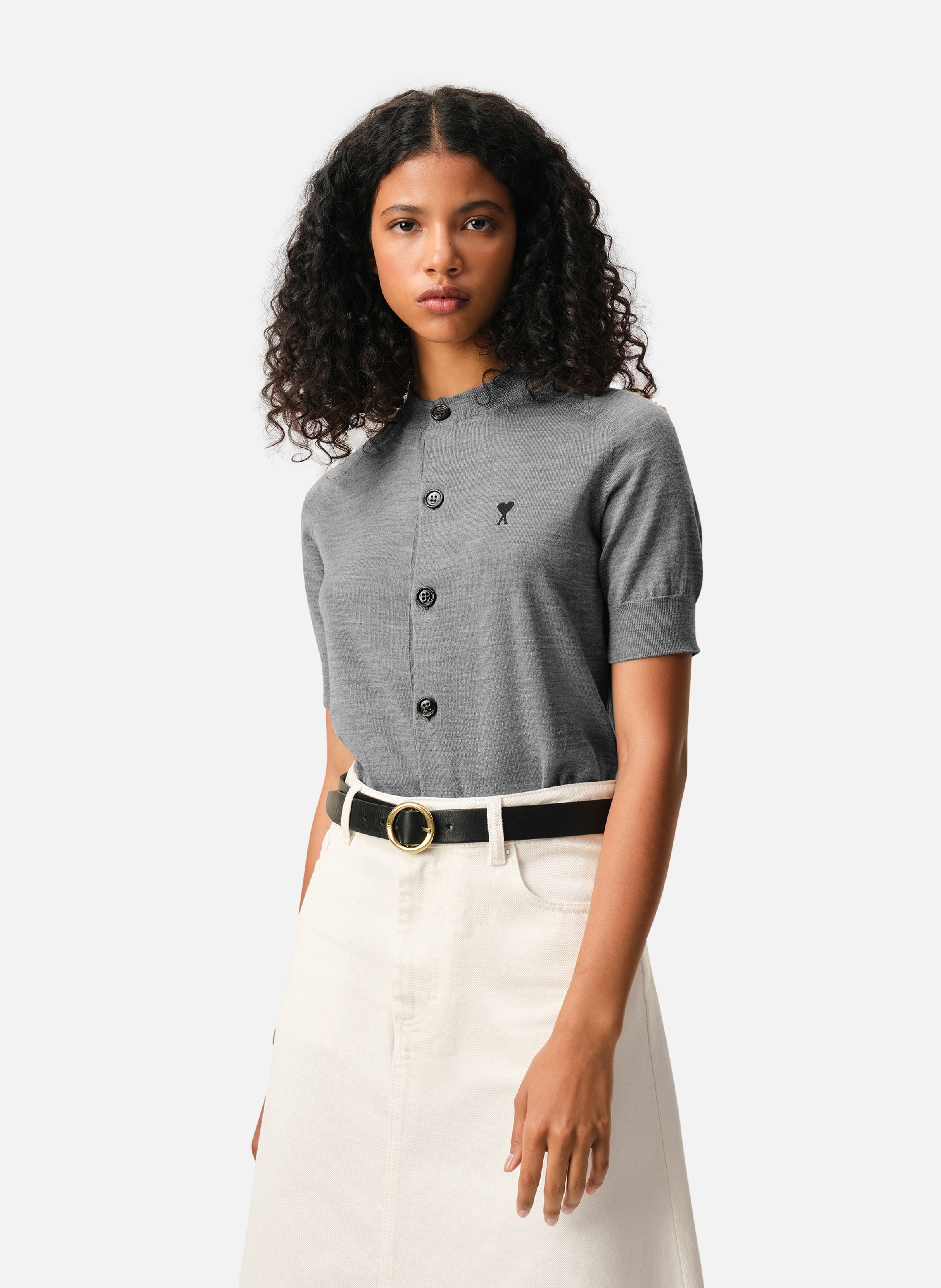 Cardigan col rond manches courtes avec ami de coeur en laine AMI PARIS Gris