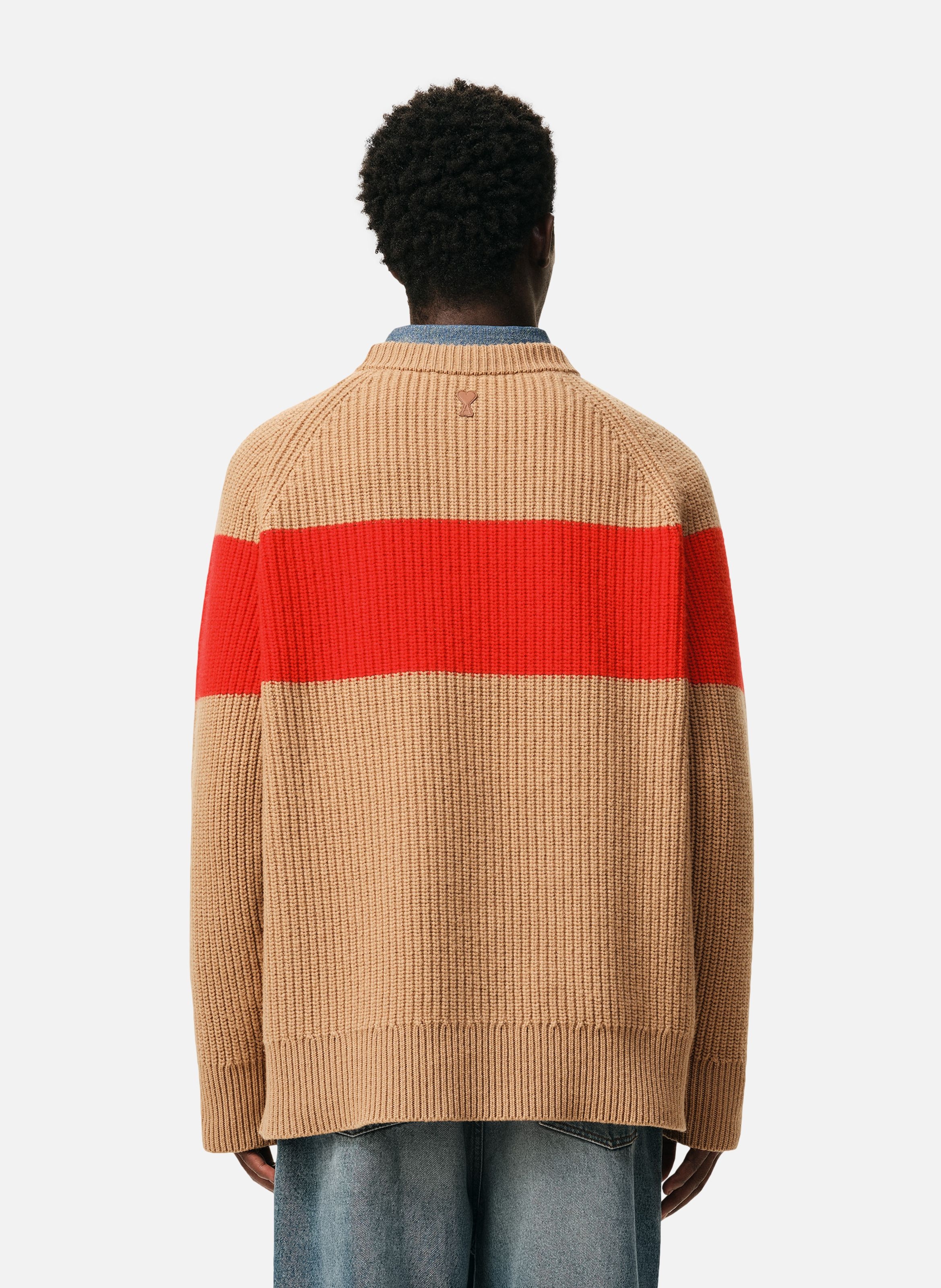 Pull col rond avec motif point de croix en laine unisexe AMI PARIS Marron