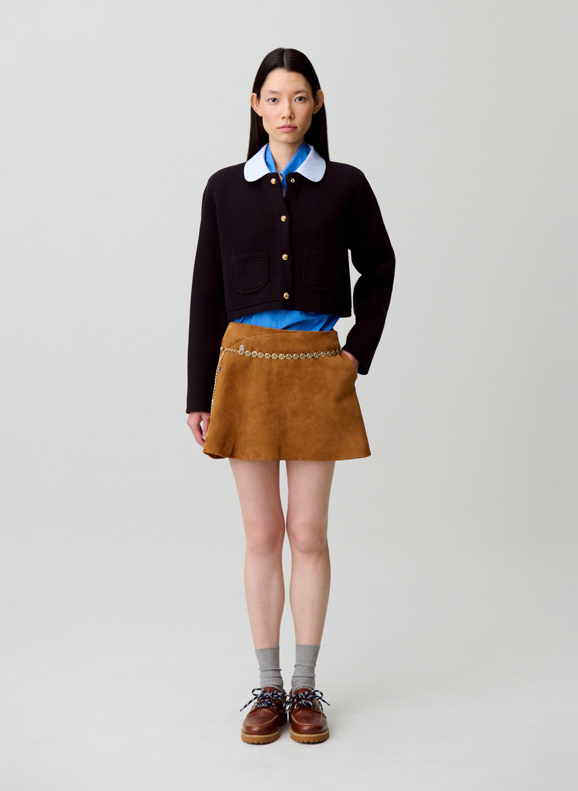 Cardigan court uni à col rayé CLAUDIE PIERLOT Bleu
