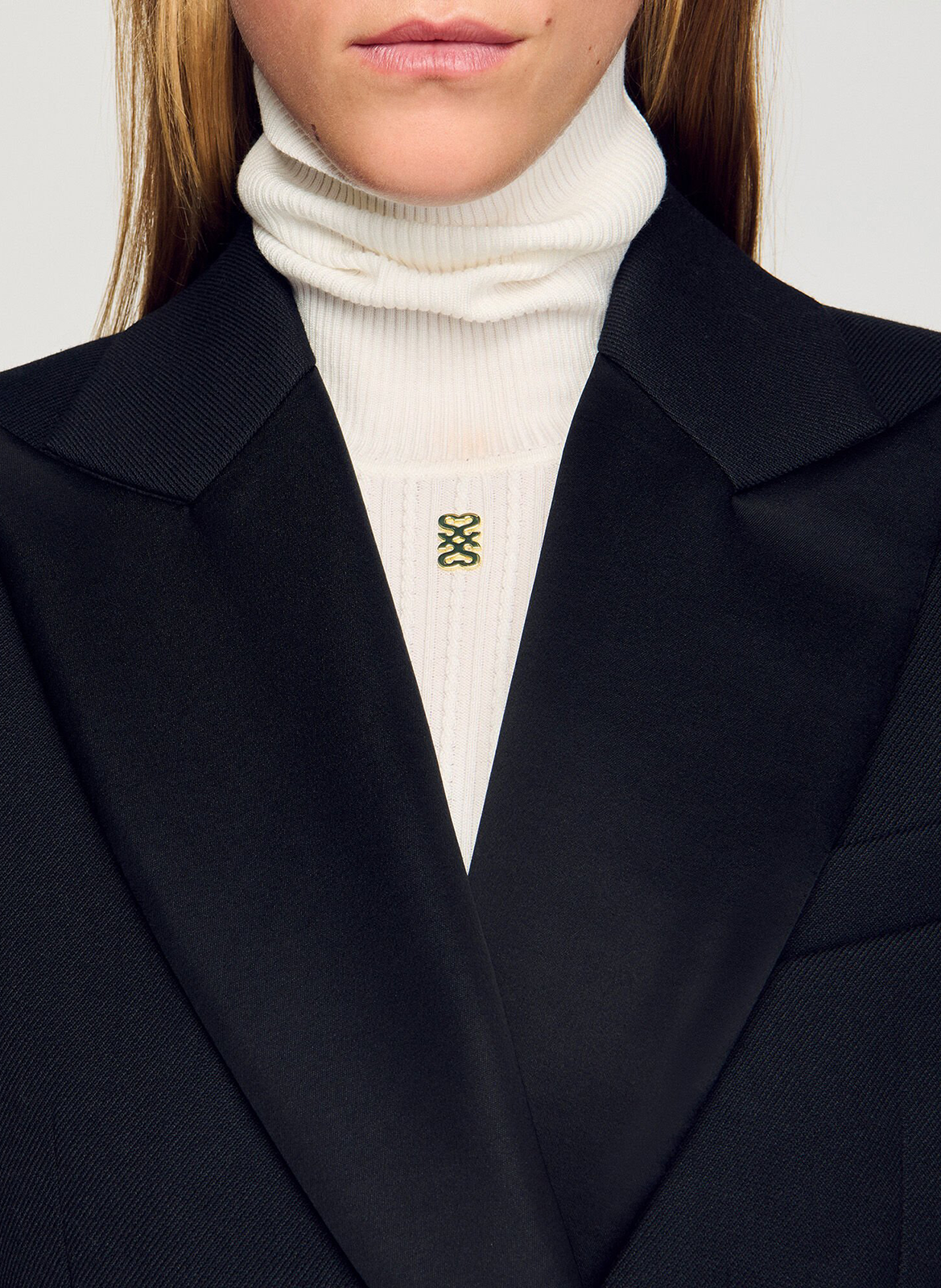 Manteau long droit à revers satiné SANDRO Noir