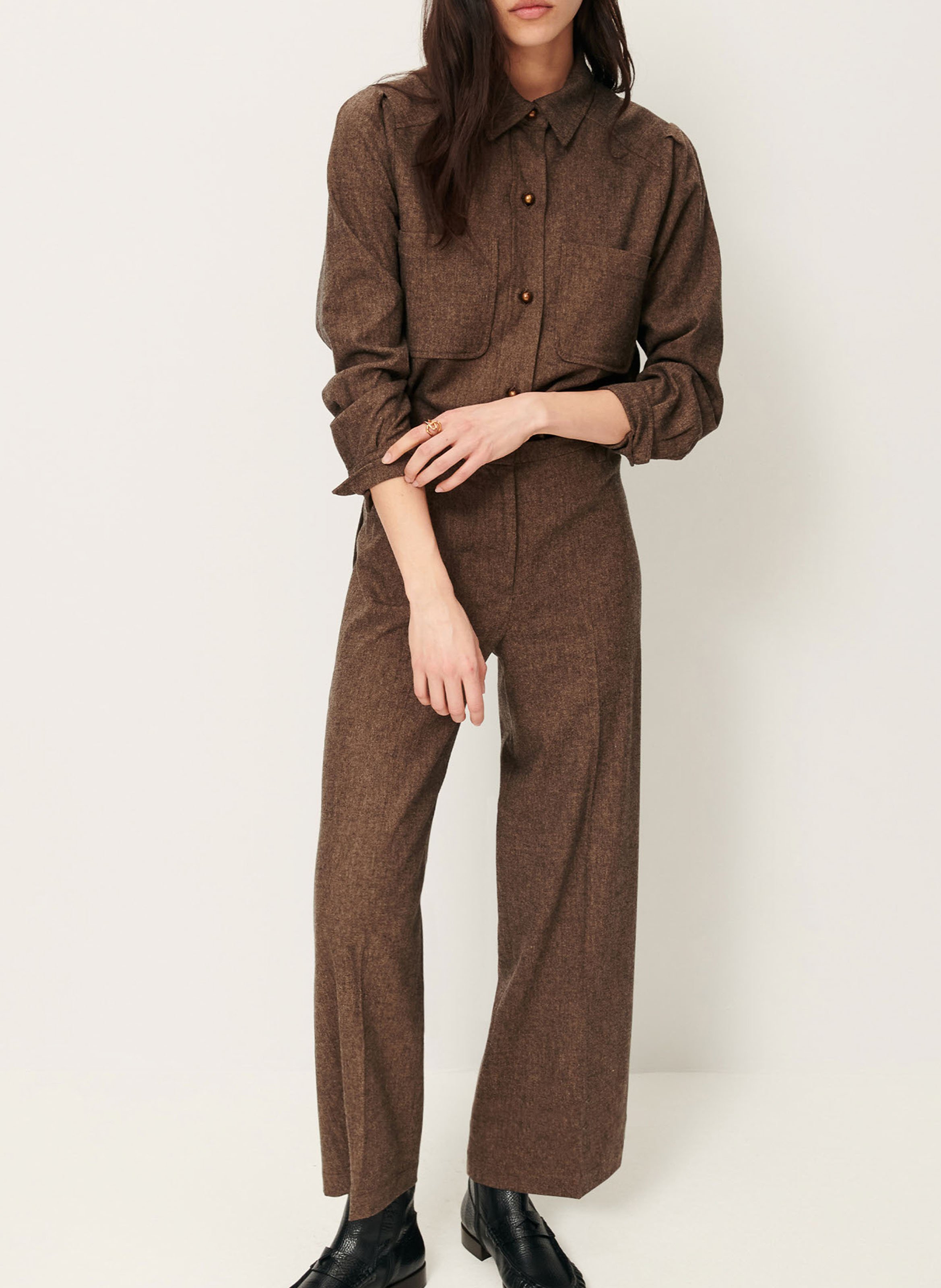 Chemise courte unie à poches plaquées theowool SESSUN Marron