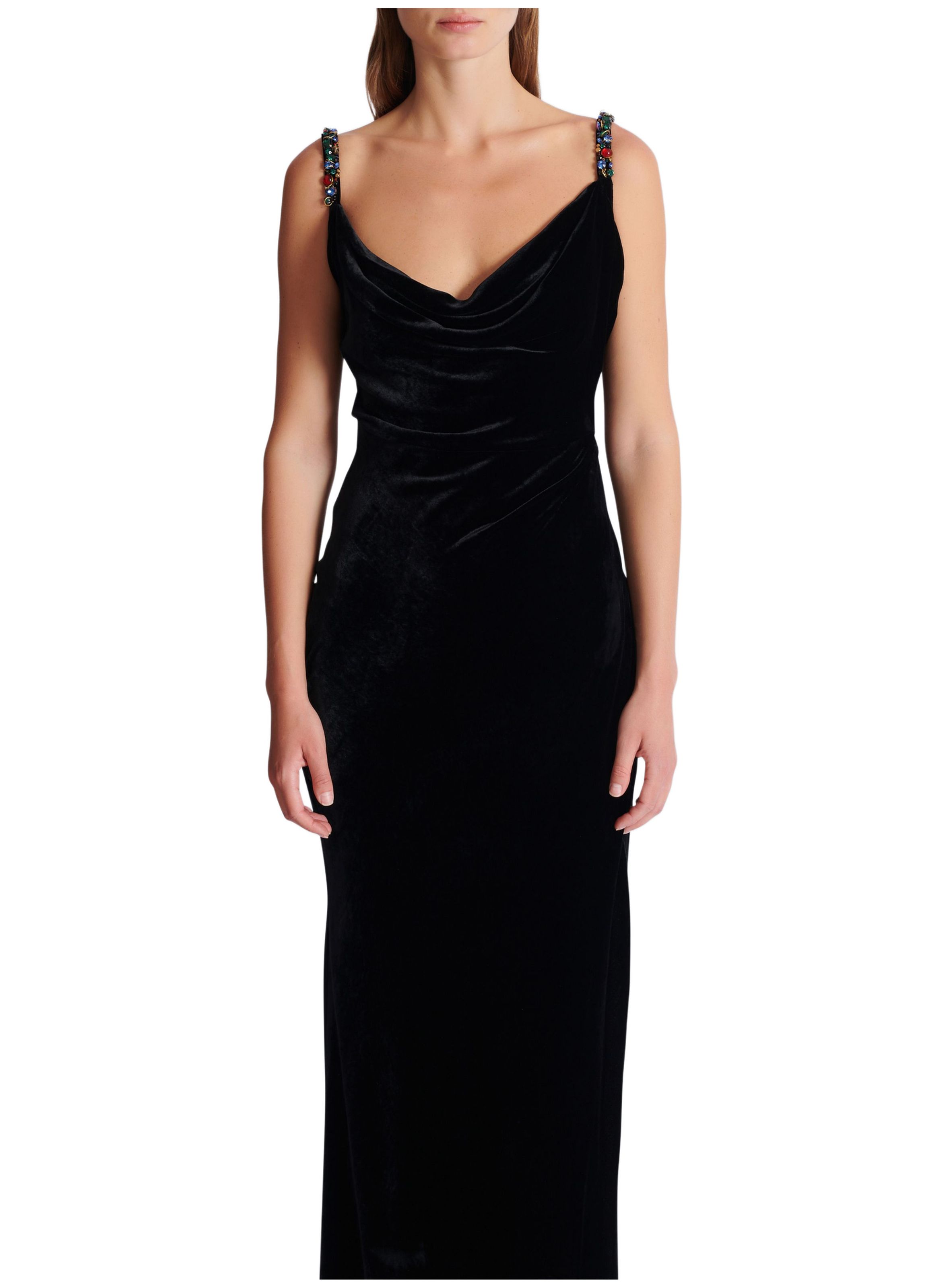 Robe longue à bretelles en velours avec détail bijou BALMAIN Noir