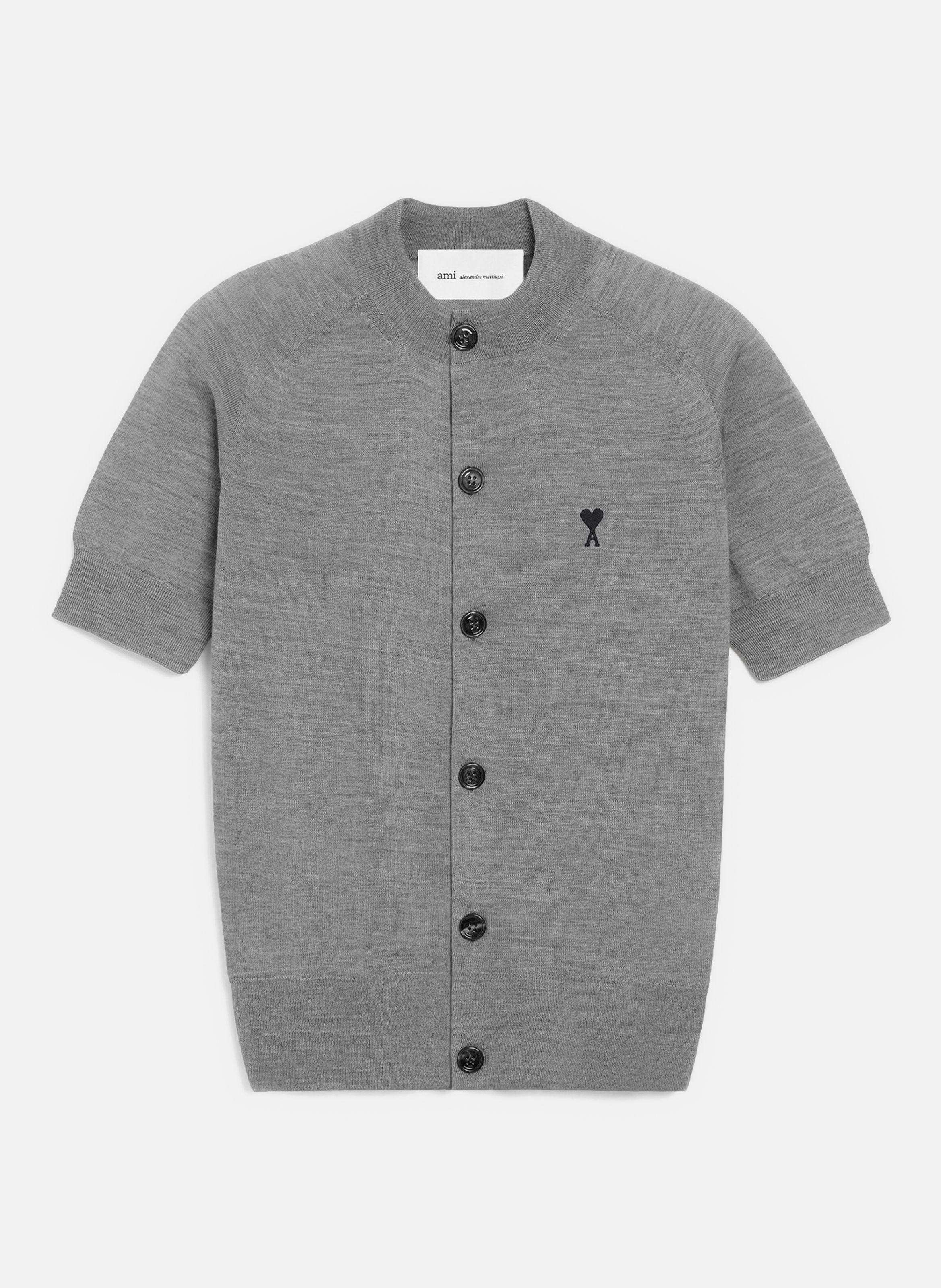 Cardigan col rond manches courtes avec ami de coeur en laine AMI PARIS Gris