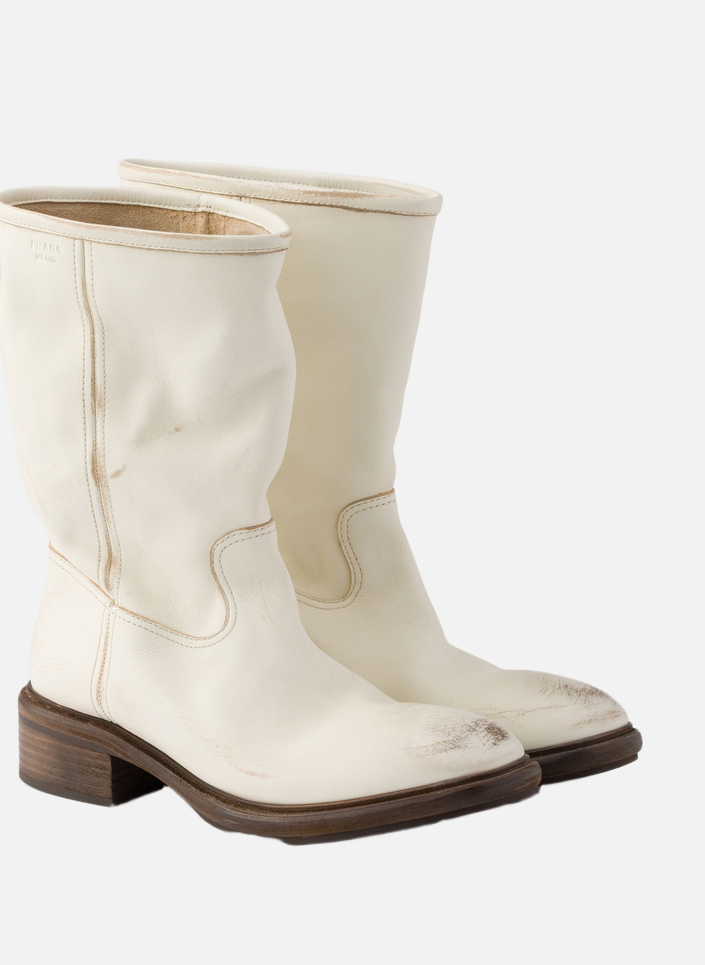 Bottes en cuir à effet vintage PRADA Beige
