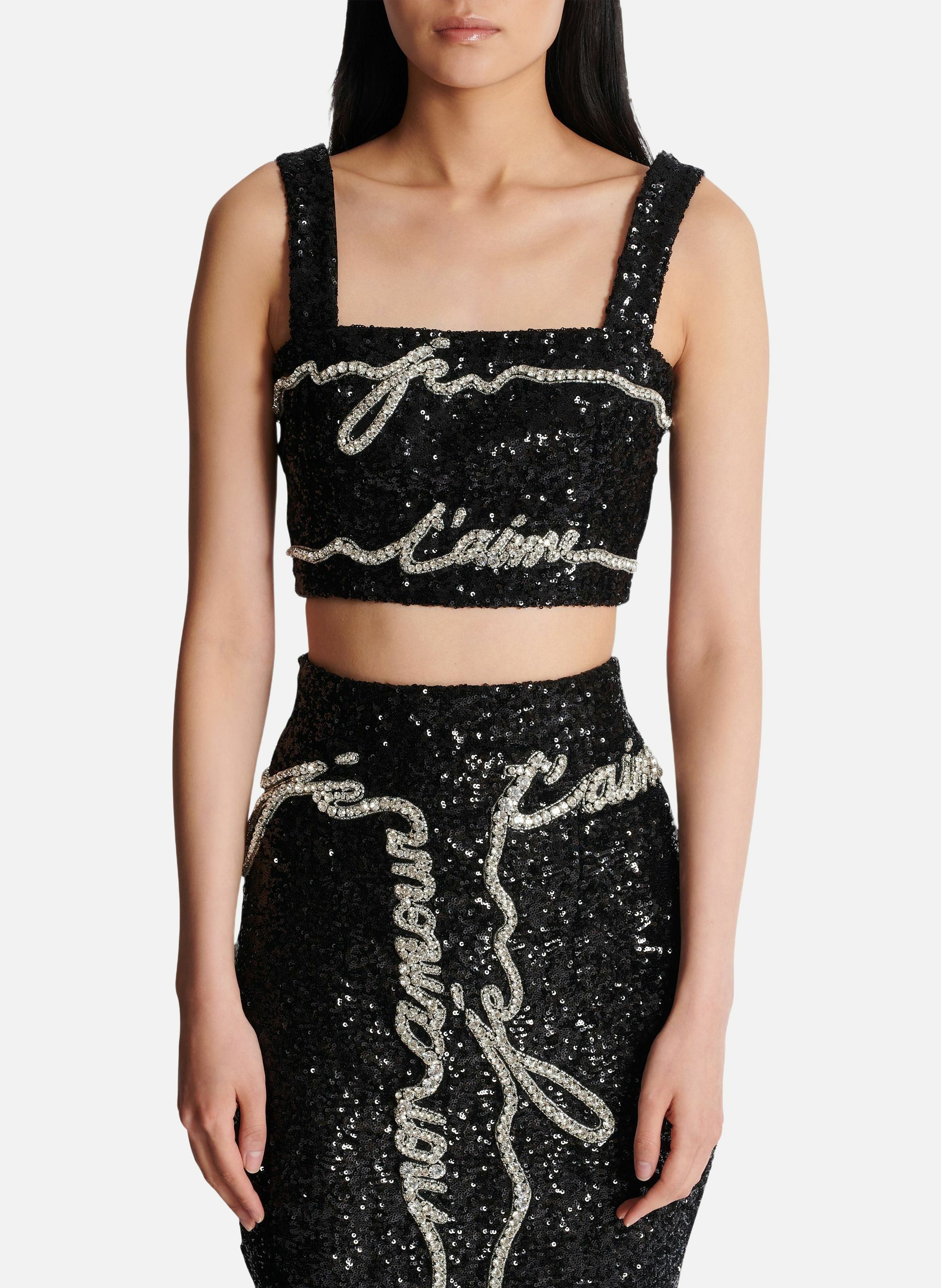 Top court brodé « lettre d'amour » BALMAIN Noir