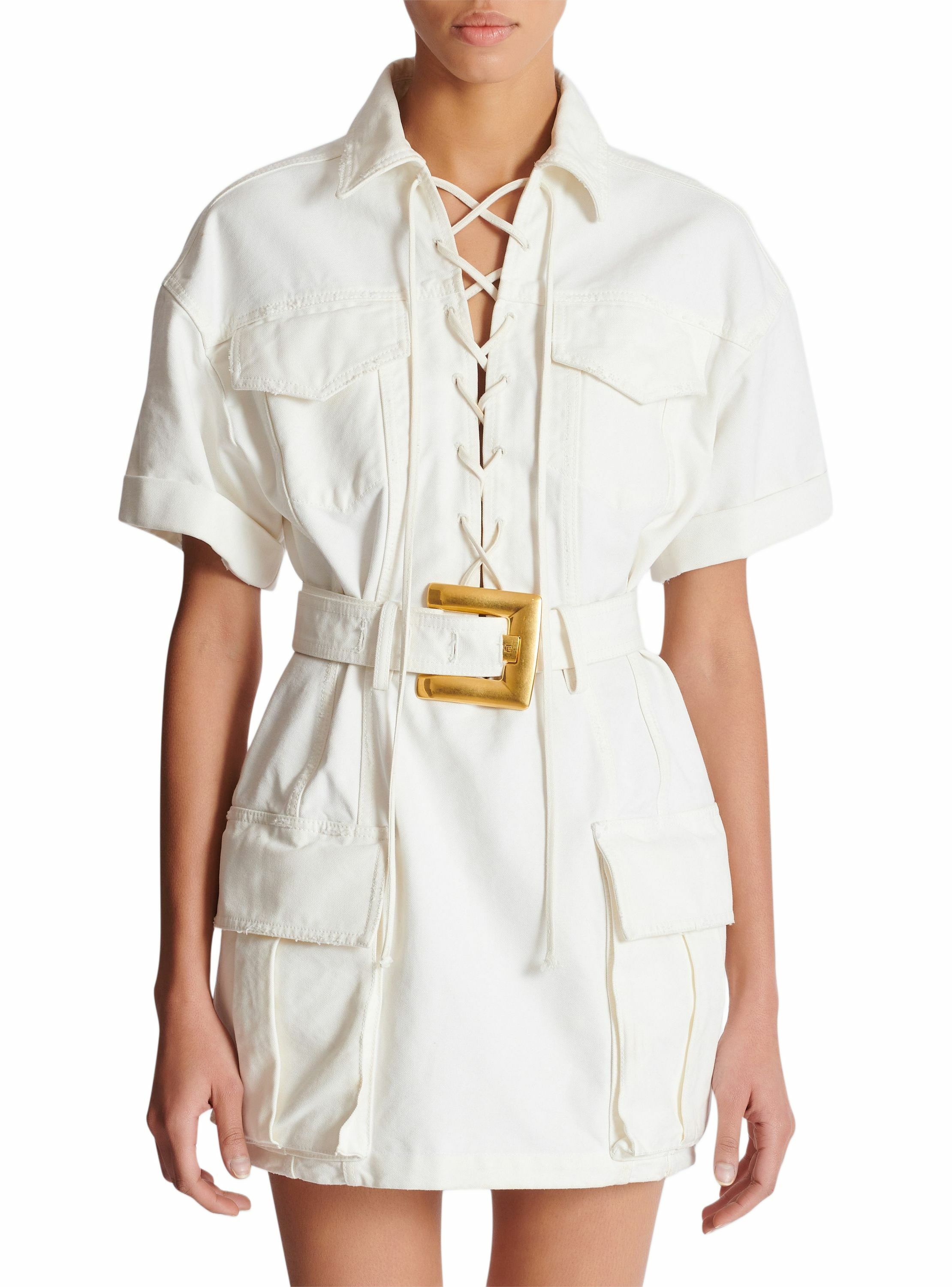 Robe courte en toile à laçages BALMAIN Blanc