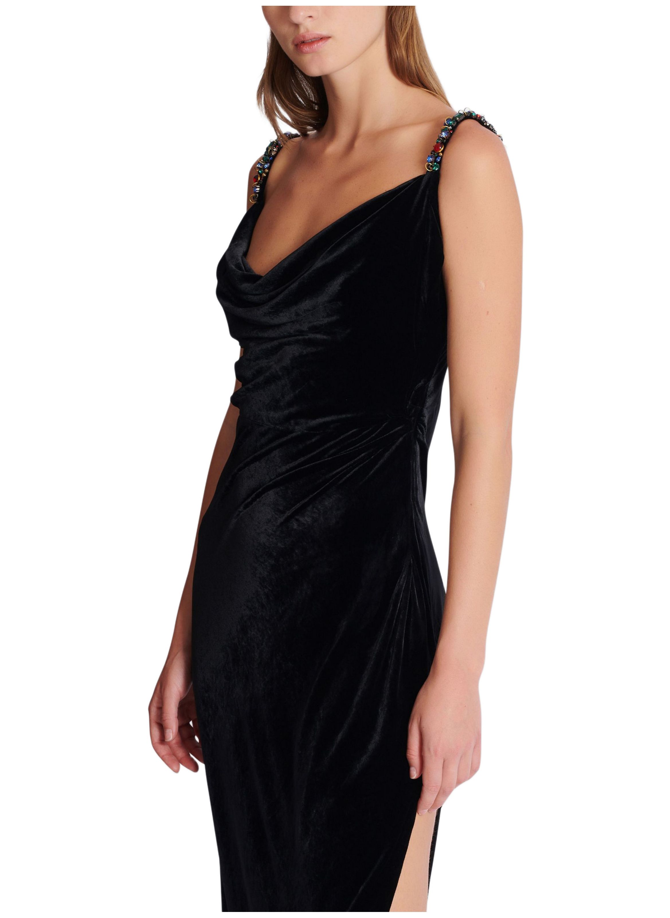 Robe longue à bretelles en velours avec détail bijou BALMAIN Noir