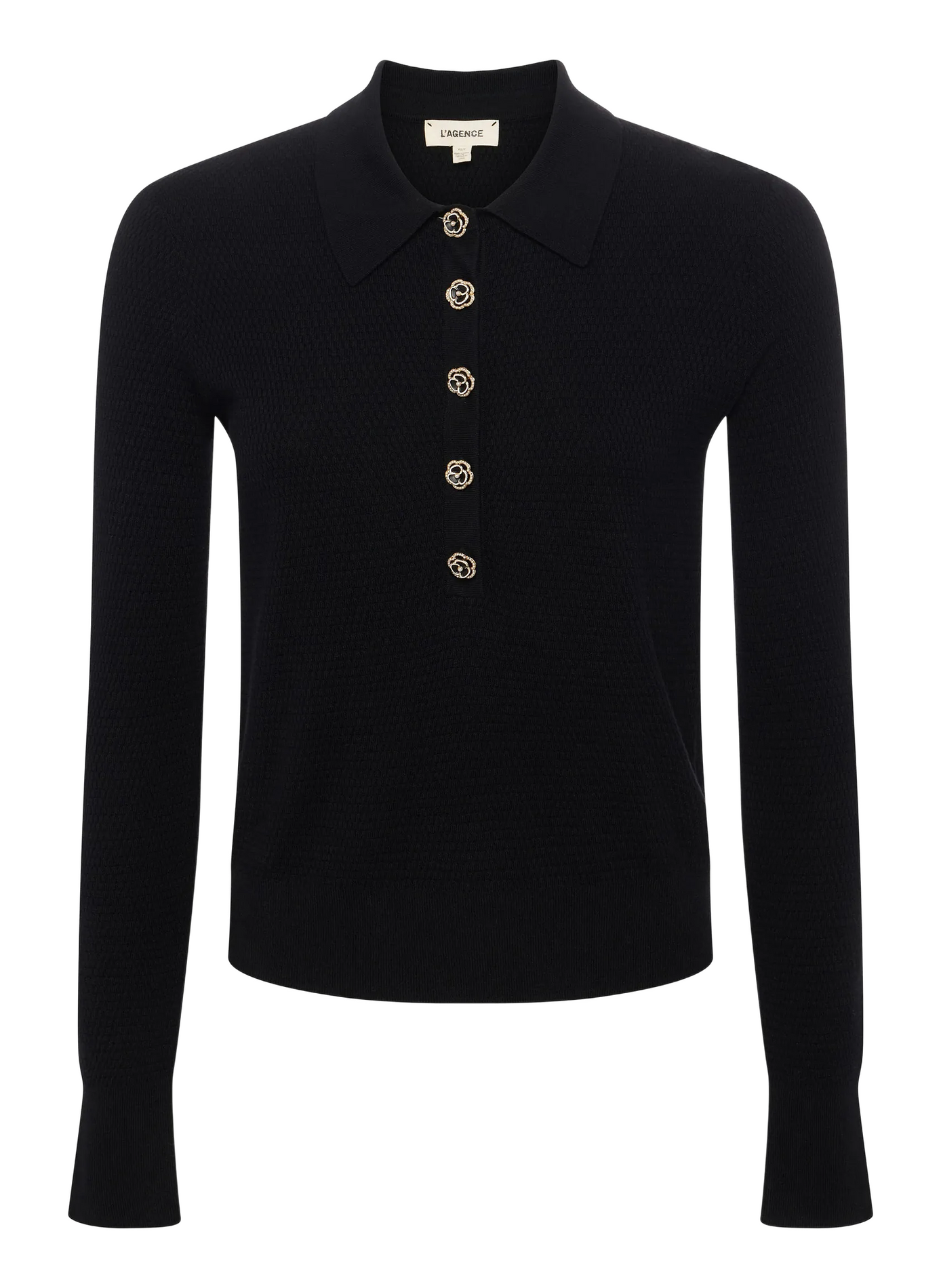 Pull côtelé à boutons orchidées en coton et soie L'AGENCE Noir