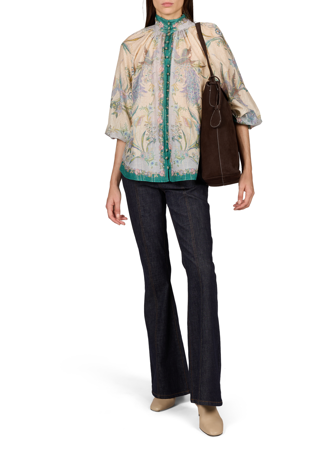 Billow Indra blouse with floral print in blended cotton ZIMMERMANN Green
