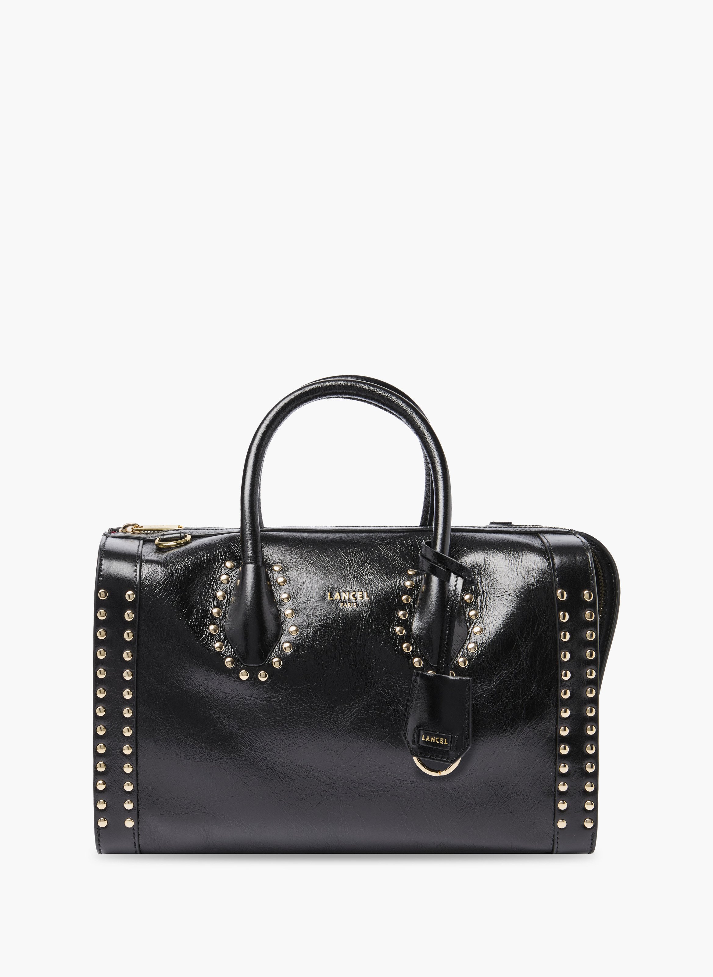 Sac bowling lancel m - cuir pleine fleur vintage avec clous, 30 x 18 x 15 cm. LANCEL Noir