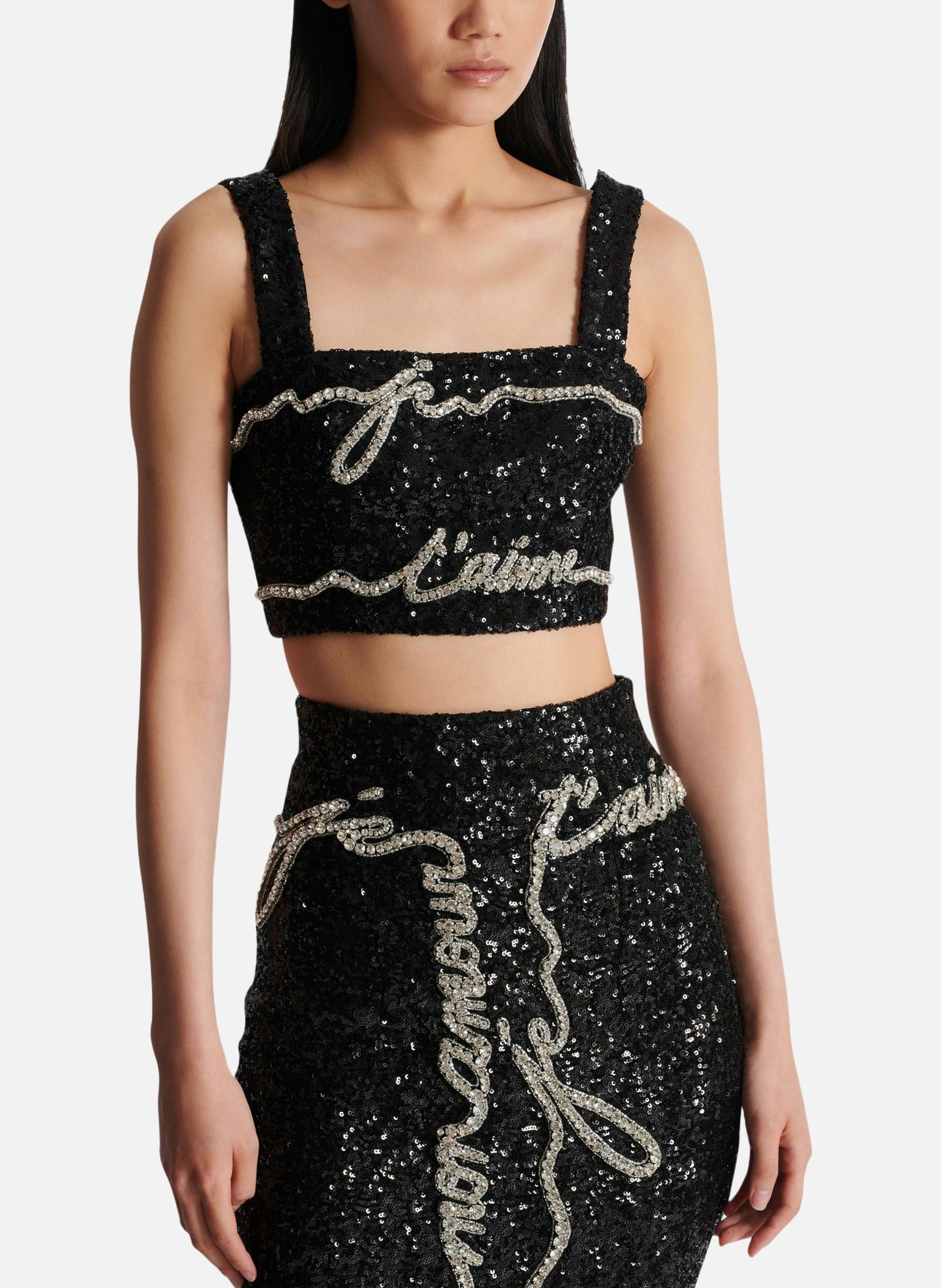 Top court brodé « lettre d'amour » BALMAIN Noir