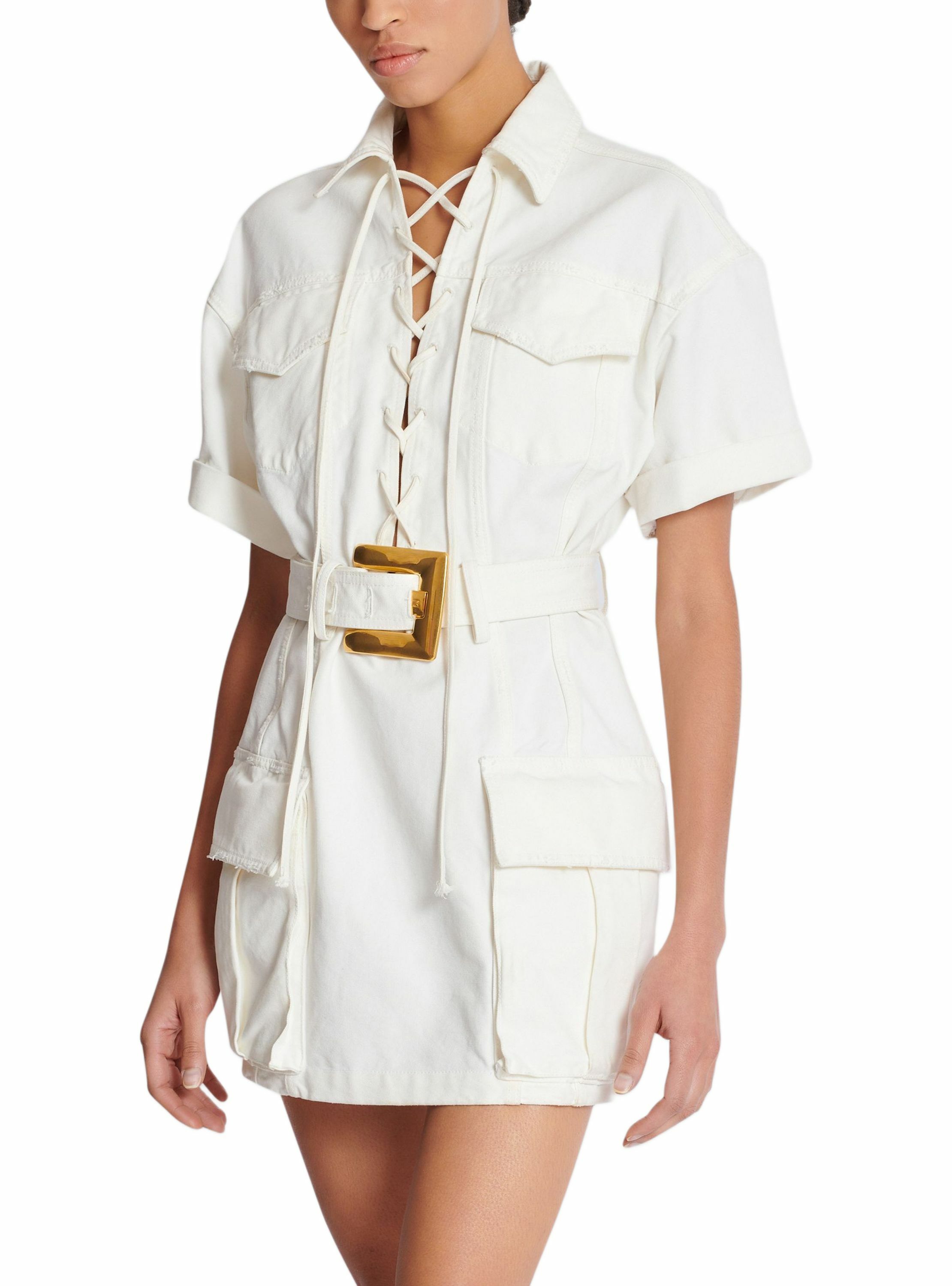 Robe courte en toile à laçages BALMAIN Blanc