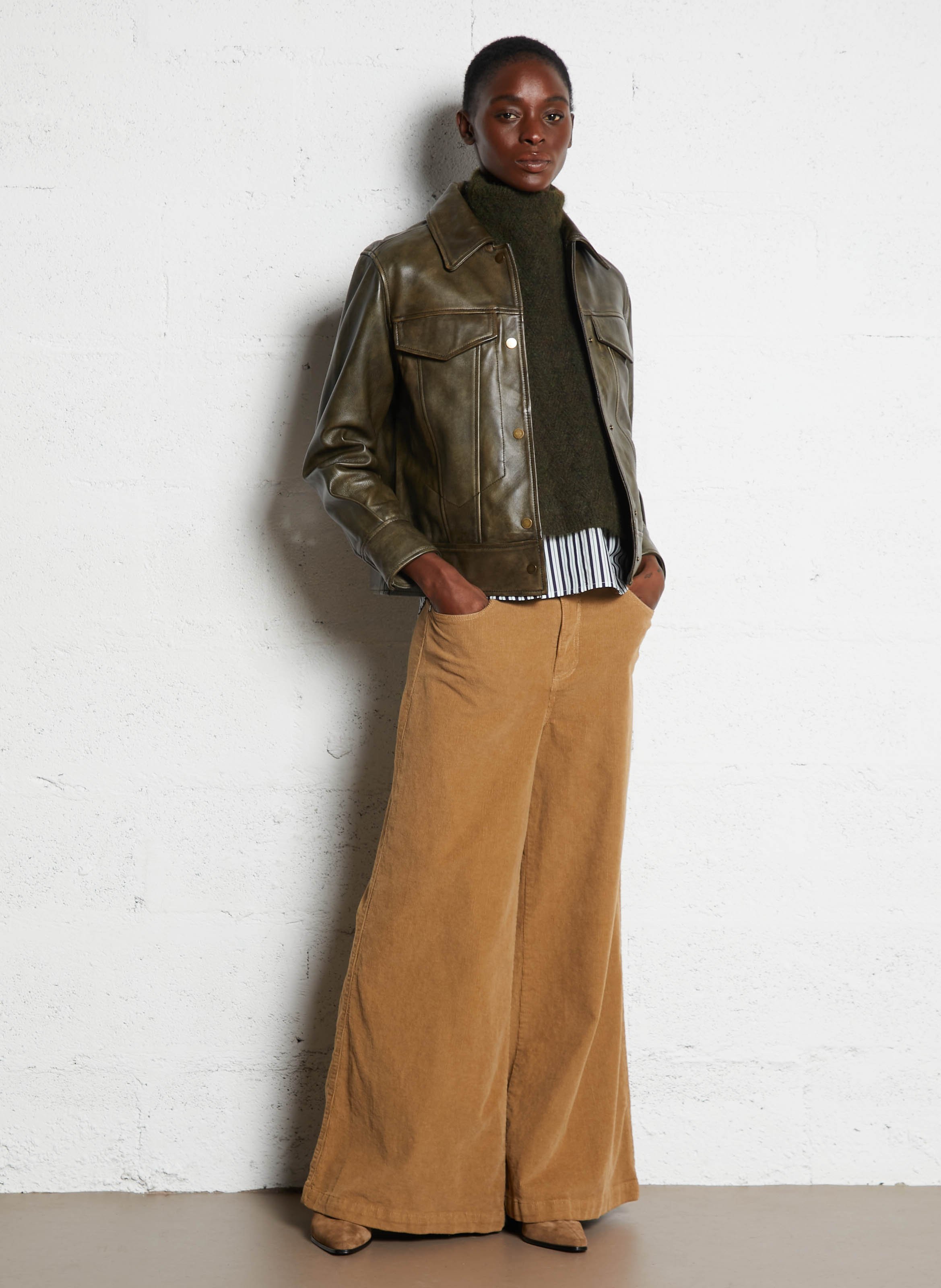 Veste col classique en cuir fierce MAISON 123 Kaki