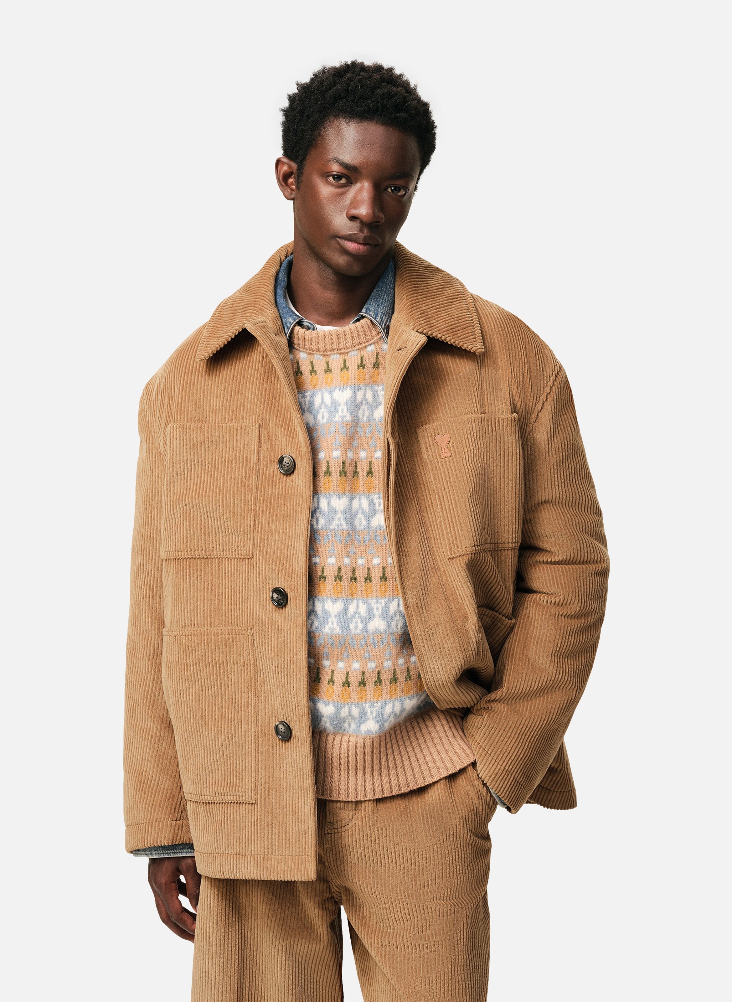 Veste worker en velours en coton unisexe AMI PARIS Marron