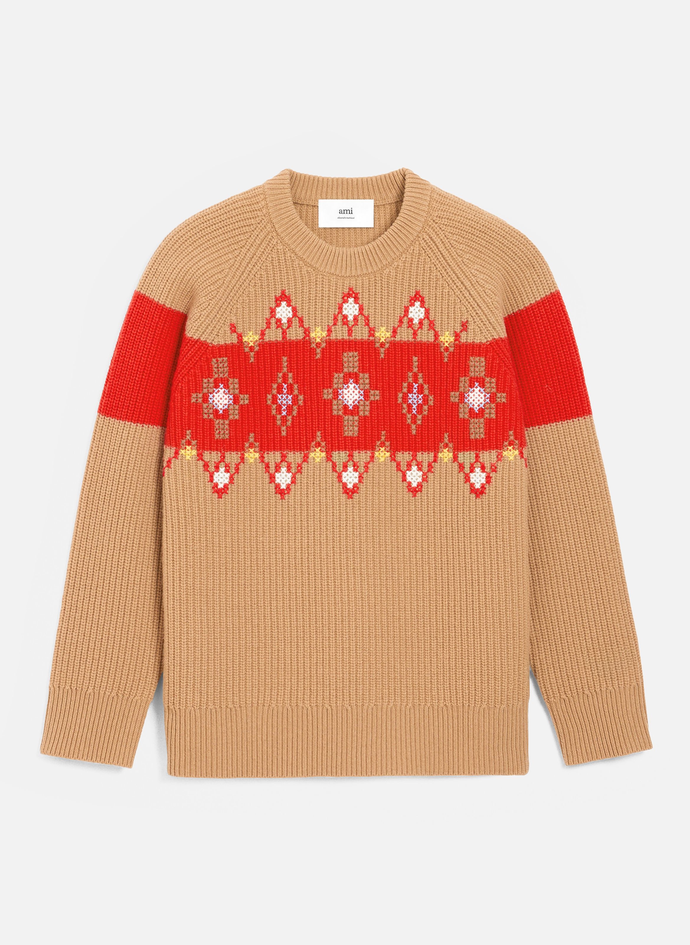 Pull col rond avec motif point de croix en laine unisexe AMI PARIS Marron