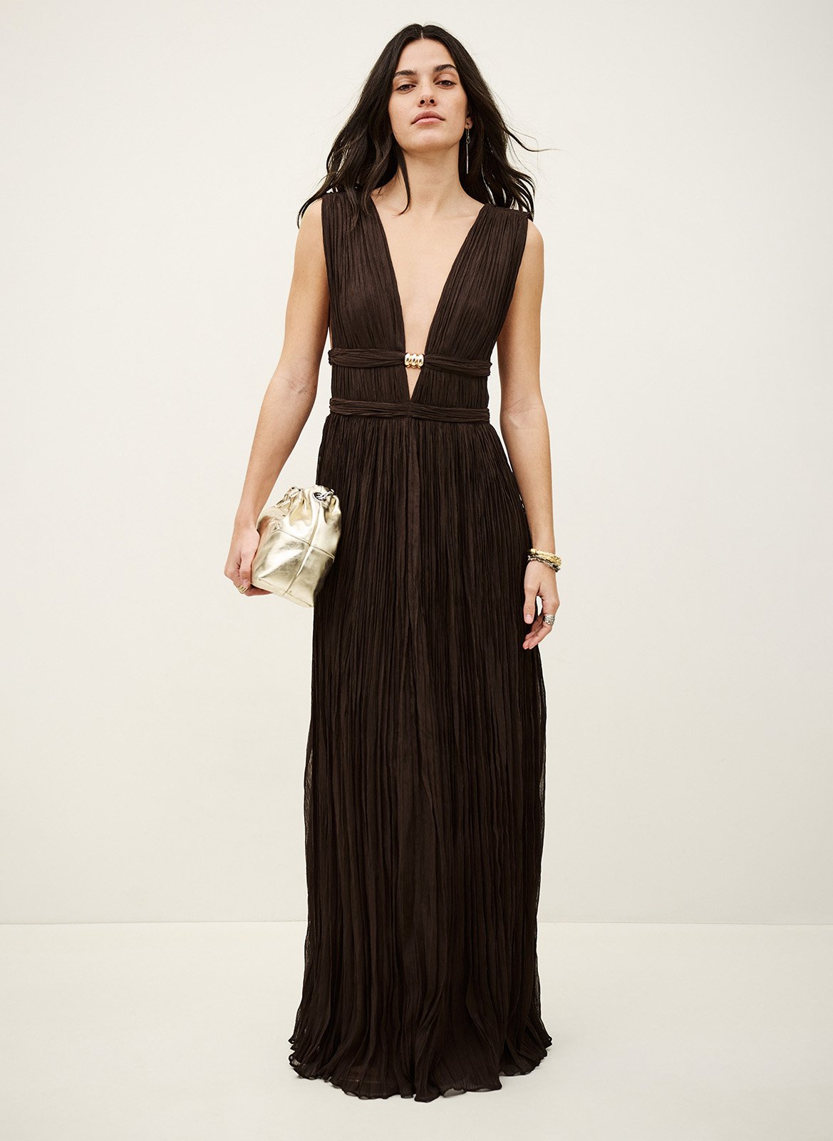 Robe longue plissée unie sans manches tania BA&SH Marron