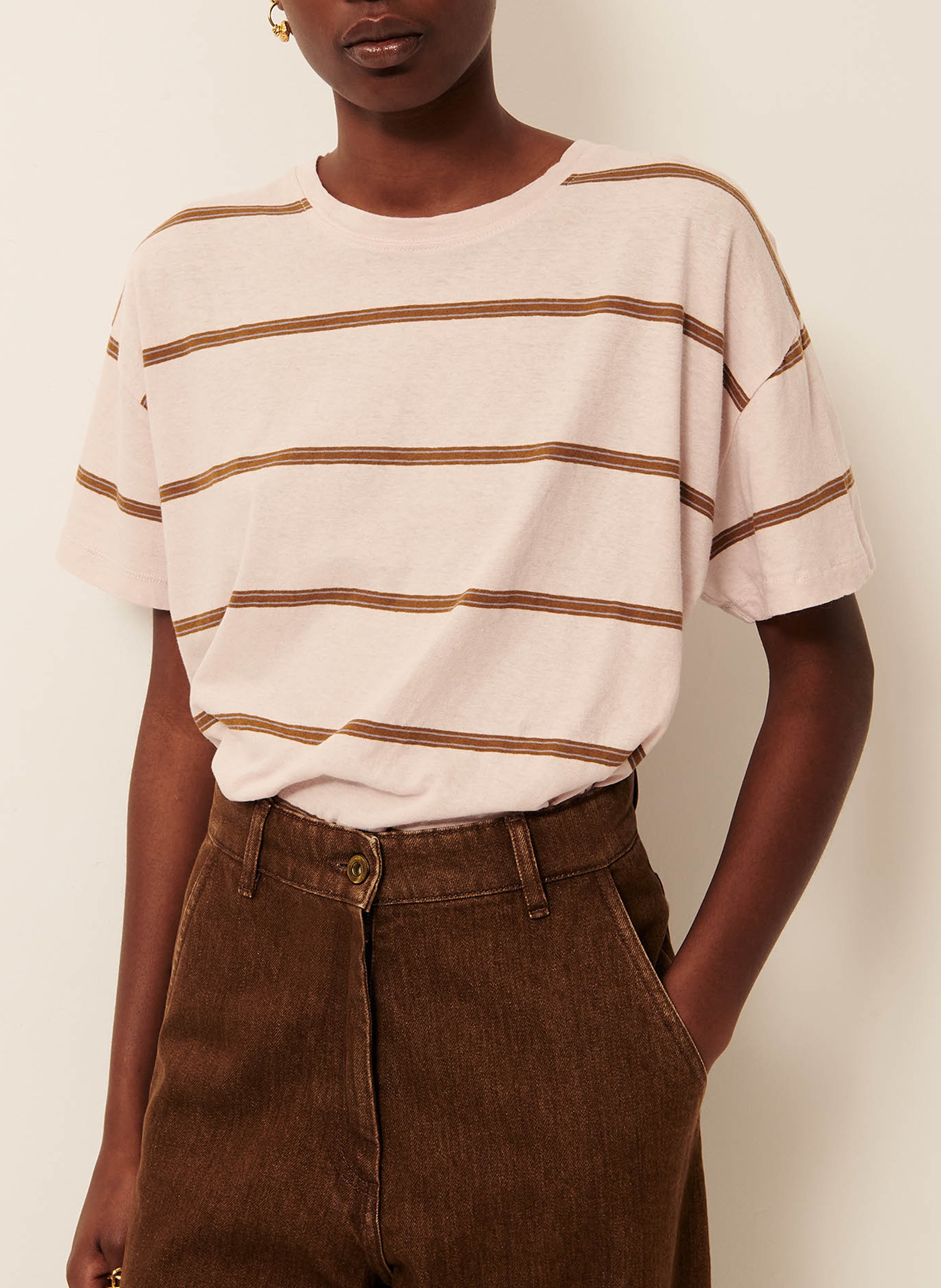 Tee-shirt ample col rond en coton mélangé rayé tooli SESSUN Rose